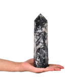 JIC Gem obelisco de tourmalina negra con cuarzo blanco, protección suave para el espacio