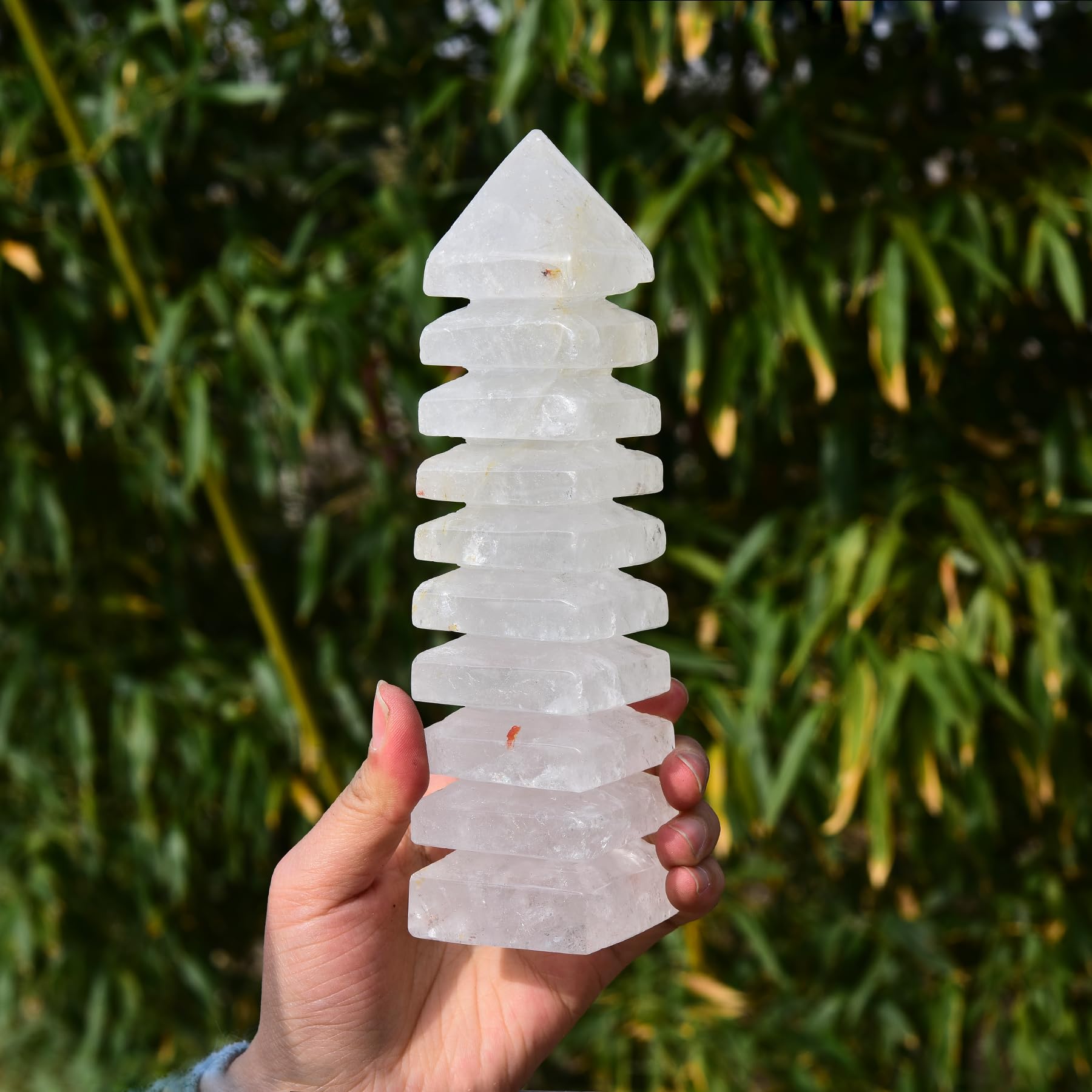 JIC Gem torre cristal cuarzo claro, base estable para decoración zen.