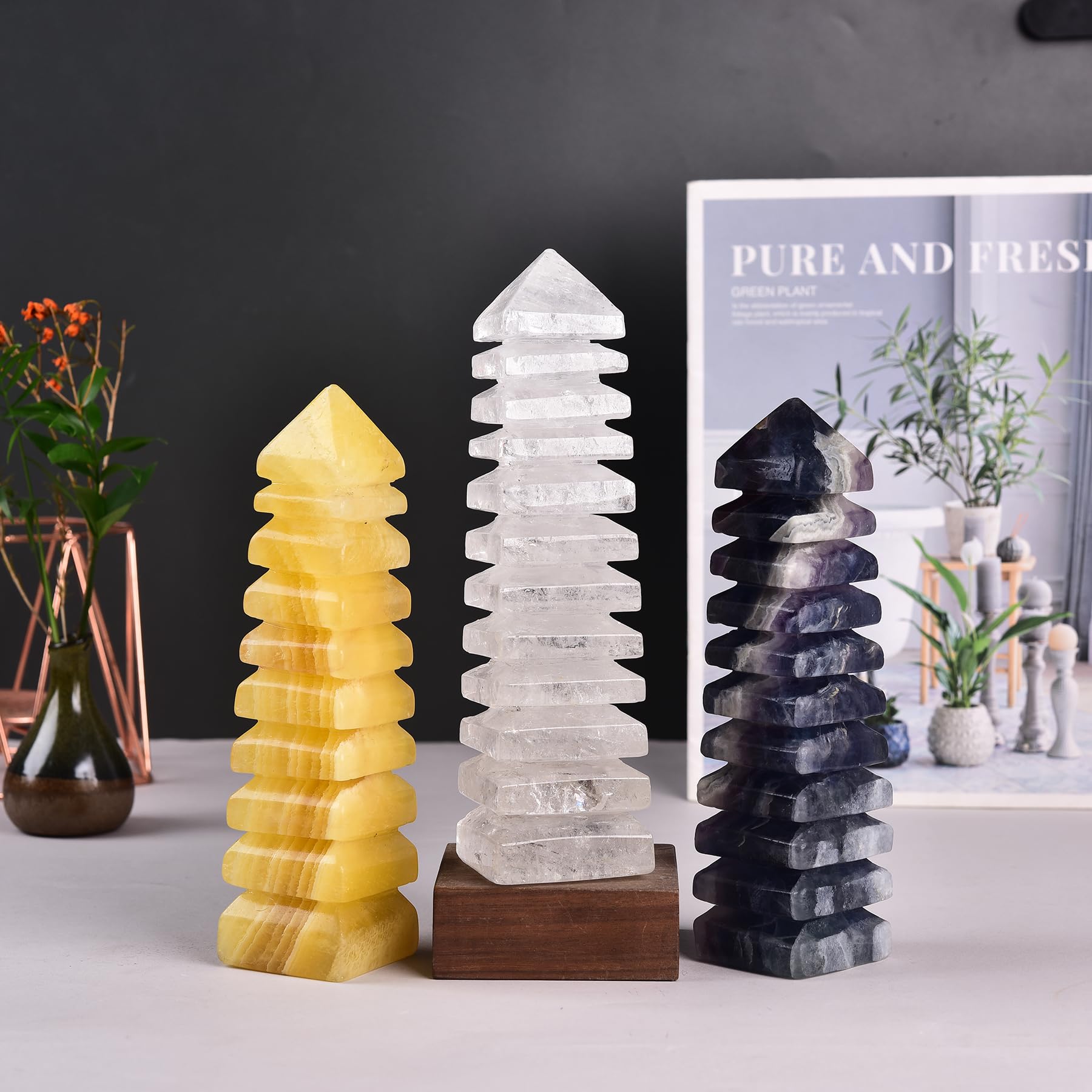 JIC Gem torre cristal cuarzo claro, pieza Feng Shui para armonía del hogar.