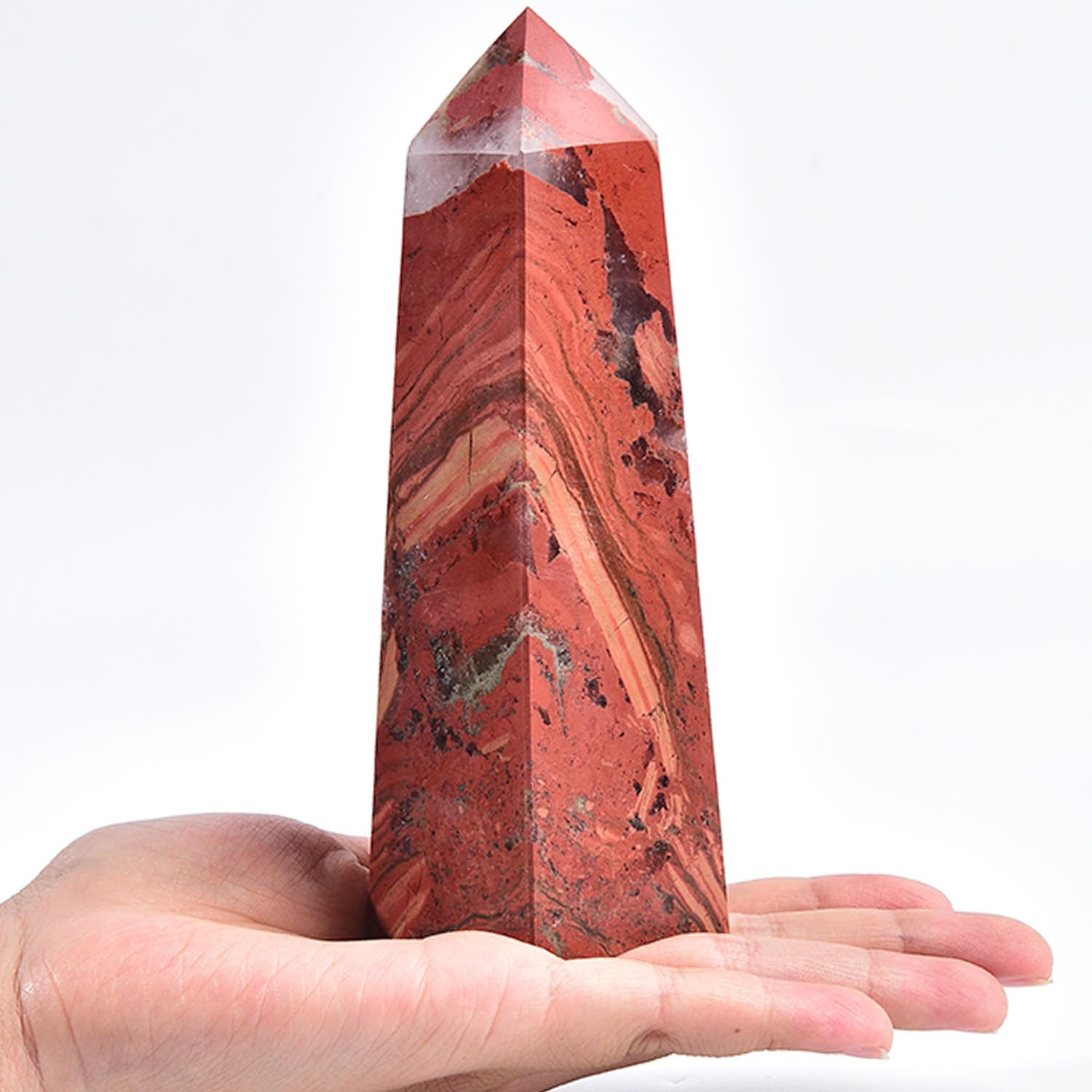 JIC Gem torre-cristal jaspe-rojo de 4 facetas para meditación y decoración