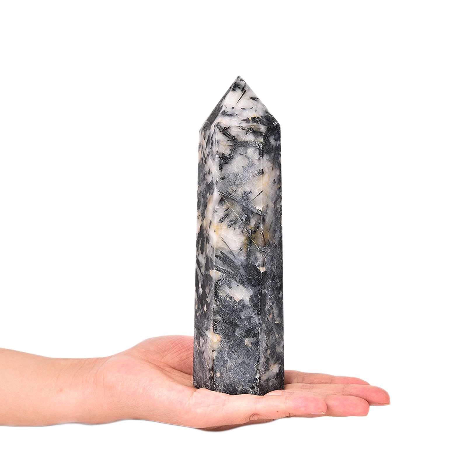JIC Gem torre turmalina negra con cuarzo blanco para protección y armonía