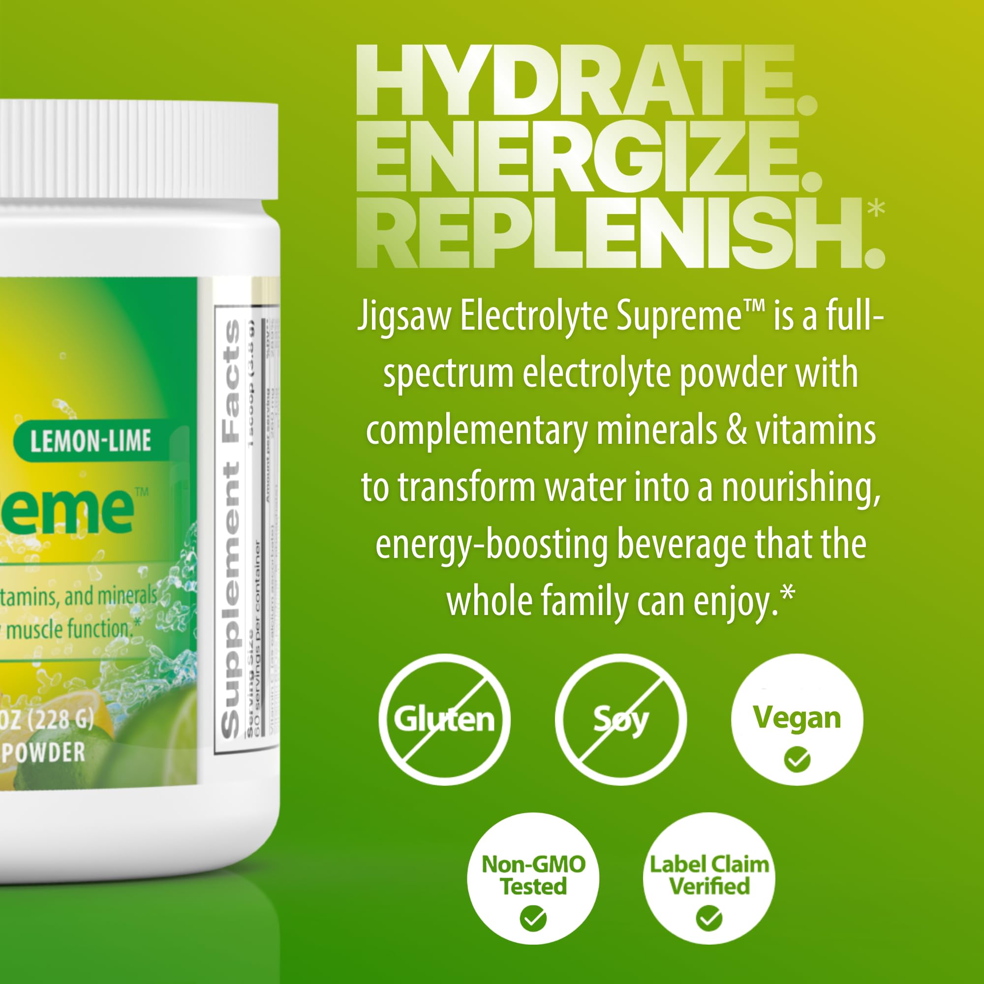Jigsaw Health Electrolyte Supreme, polvo sabor cítrico-limón listo para mezclar.