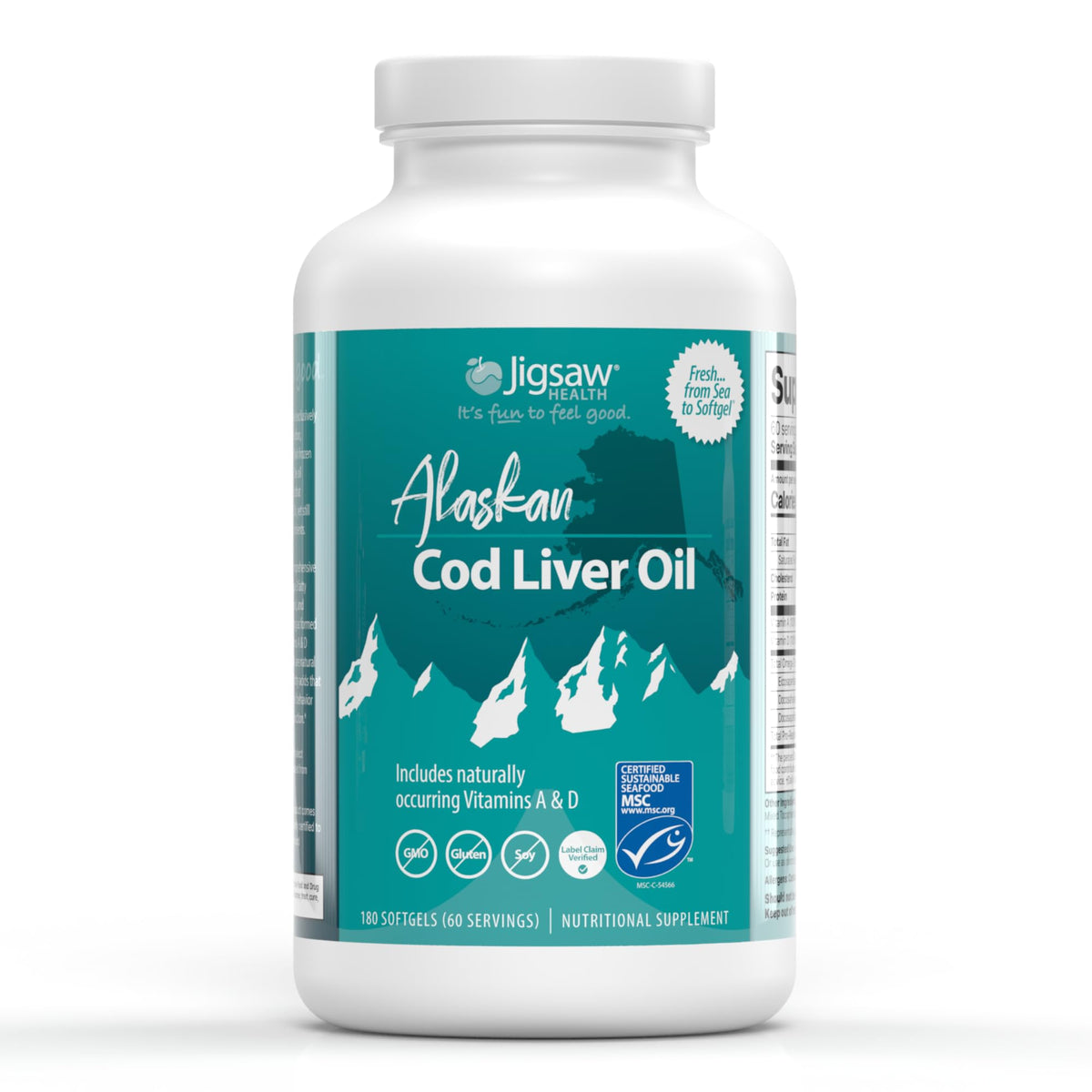 Jigsaw Health Aceite de Hígado de Bacalao de Alaska en botella, rico en omega-3 para bienestar diario.
