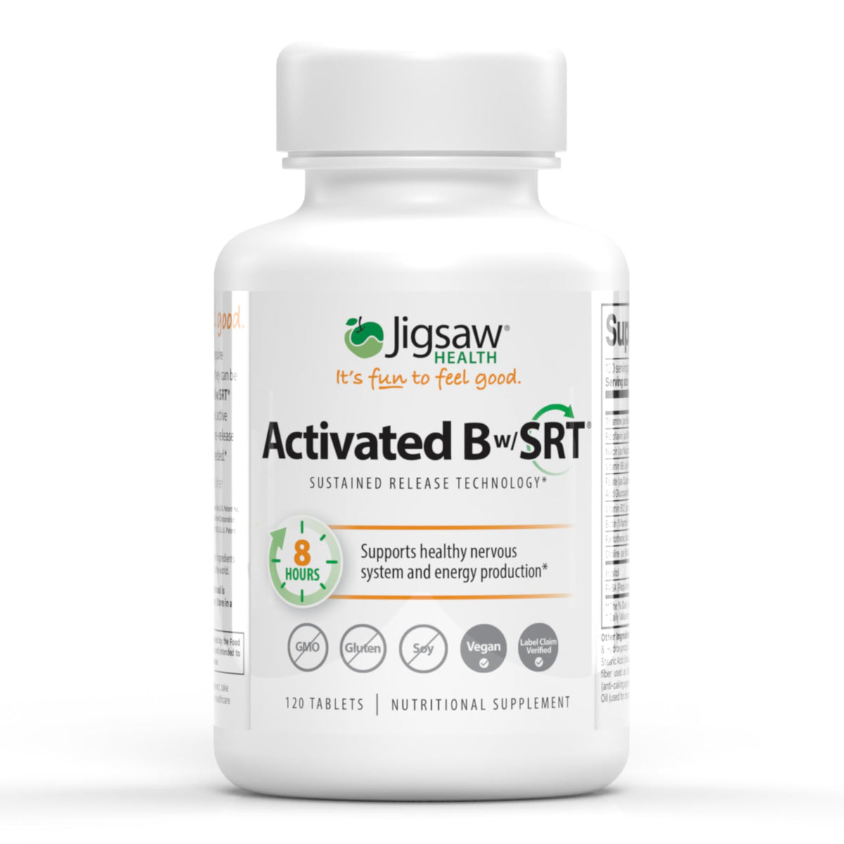 Botella de Jigsaw Health B activado con liberación sostenida para uso diario y energía constante.