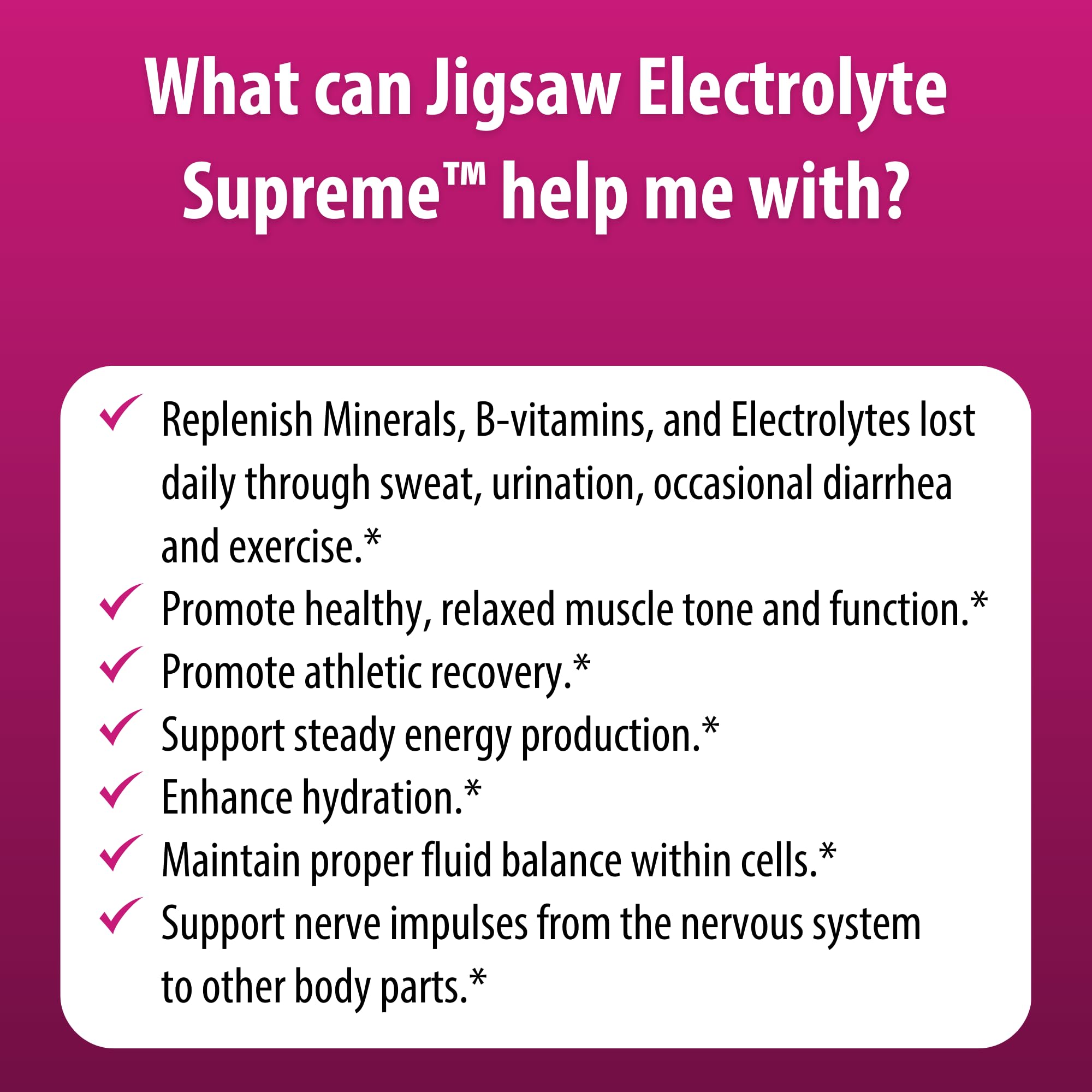 Electrolito Supremo de Jigsaw Health, etiqueta colorida, facilita identificar sabor y uso constante.