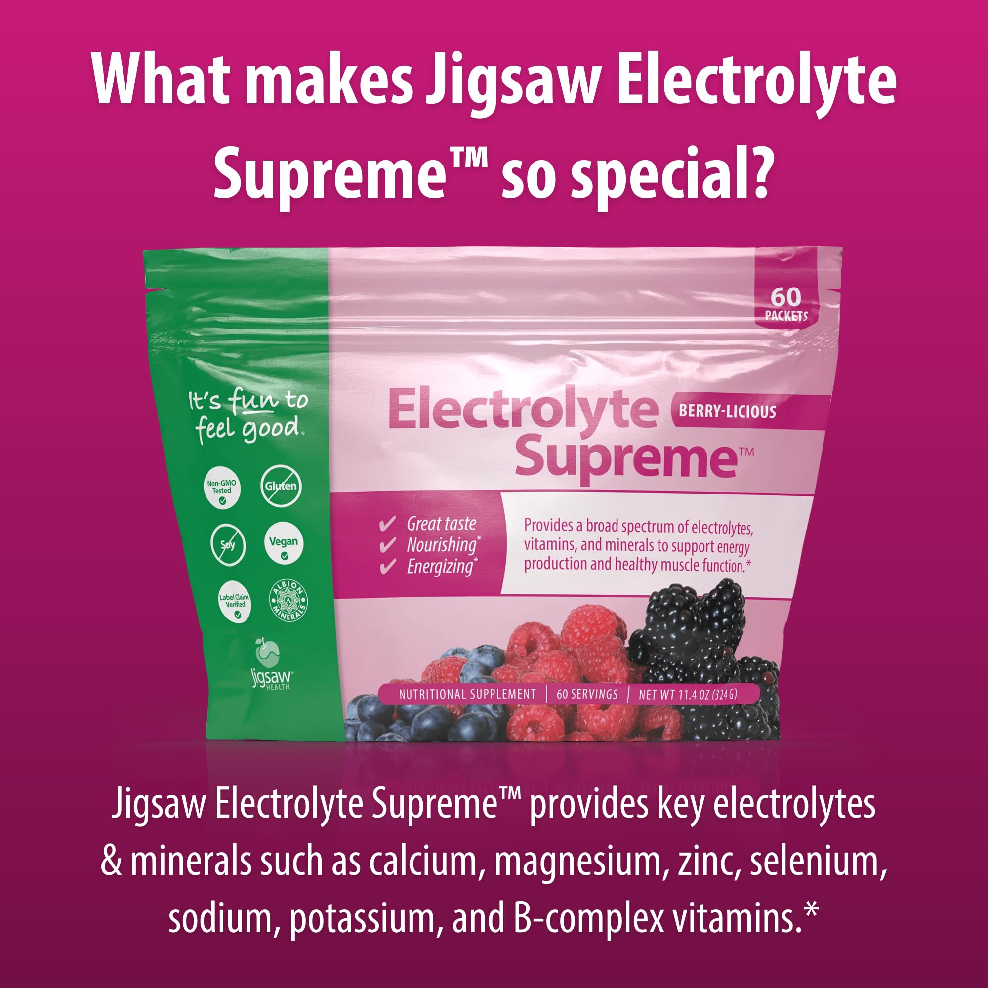 Electrolito Supremo de Jigsaw Health, vaso con agua, muestra uso diario al mezclar en bebida.