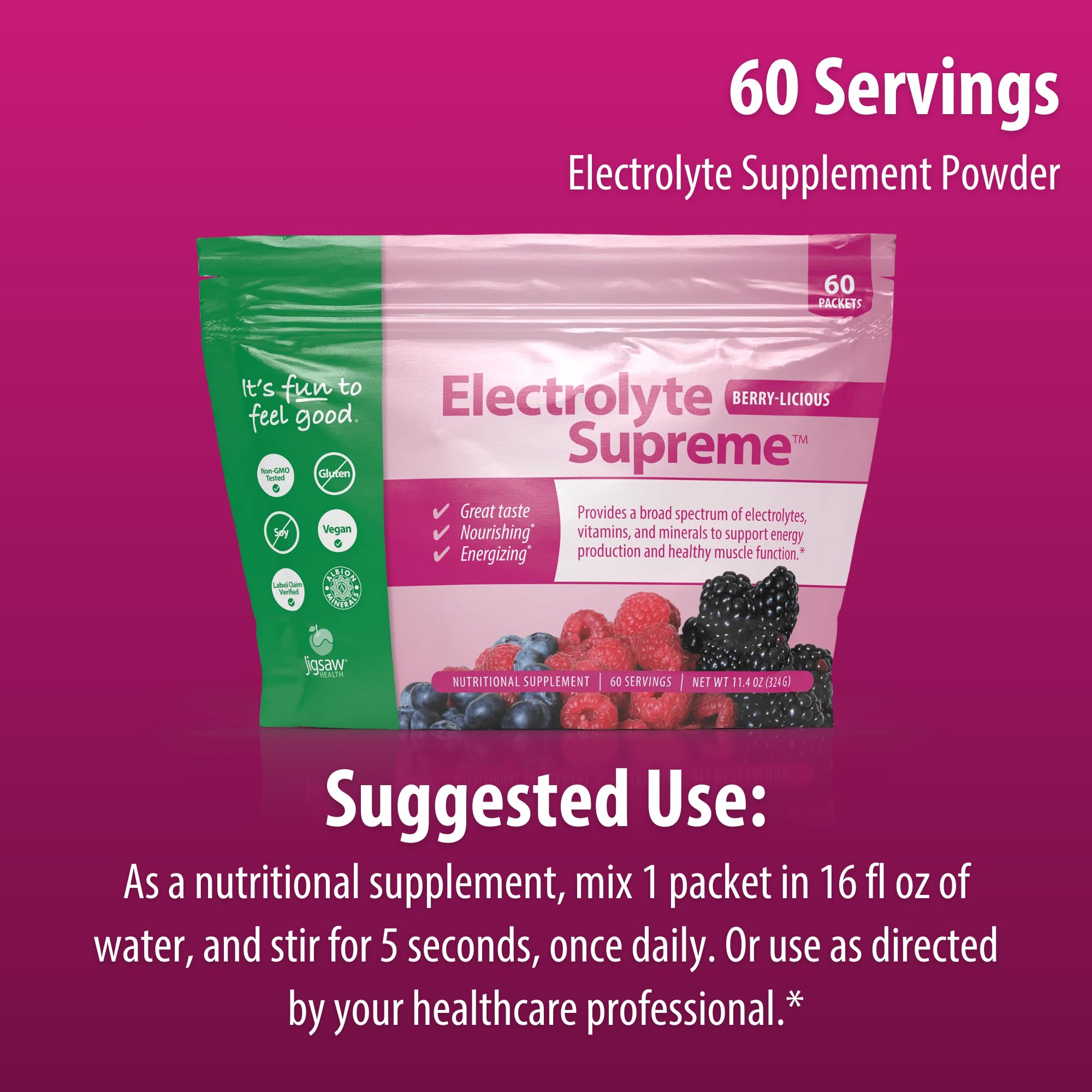 Electrolito Supremo de Jigsaw Health, porciones fáciles de abrir, ideal para rutinas de hidratación en casa.