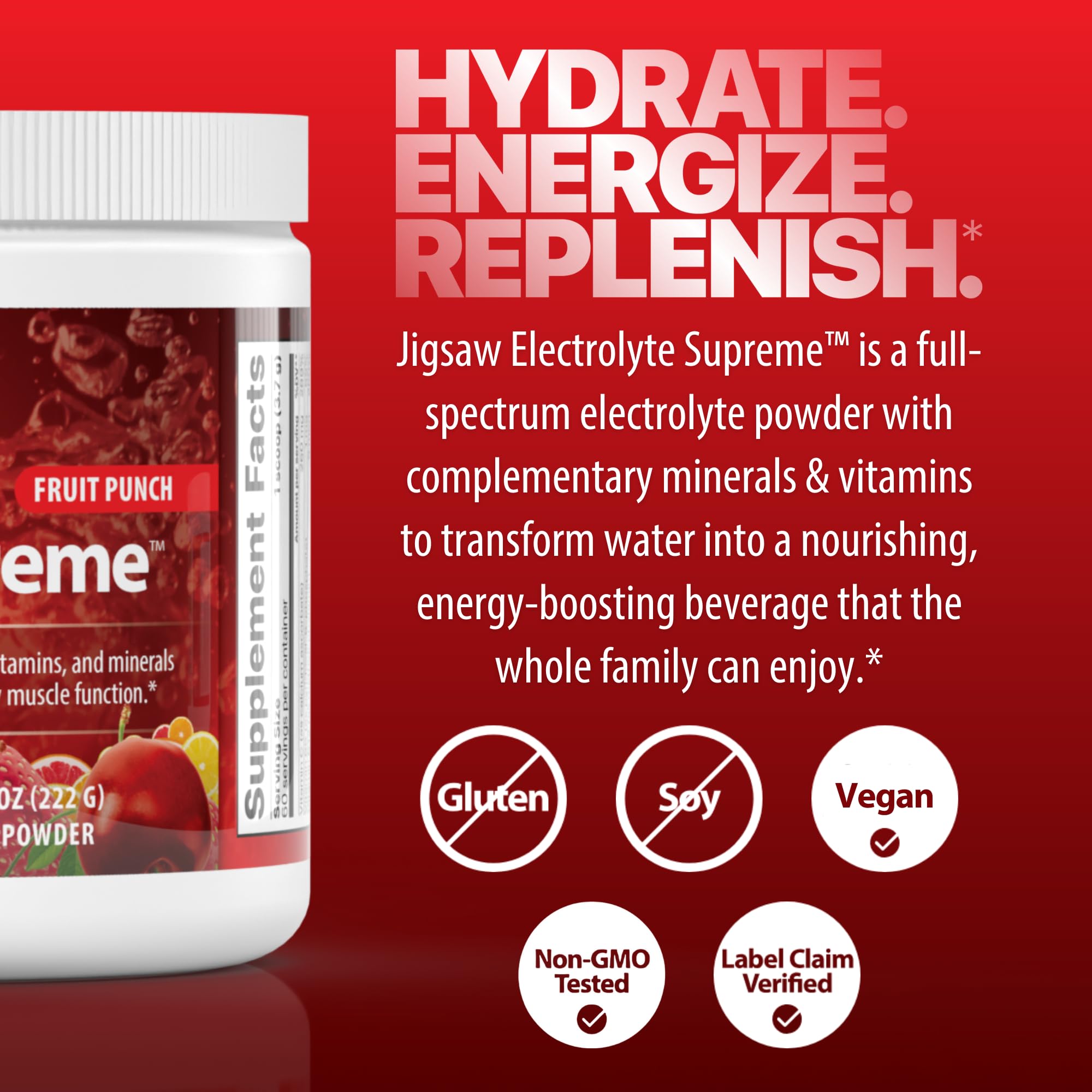 Jigsaw Health Electrolito Supremo contiene minerales y vitaminas clave.