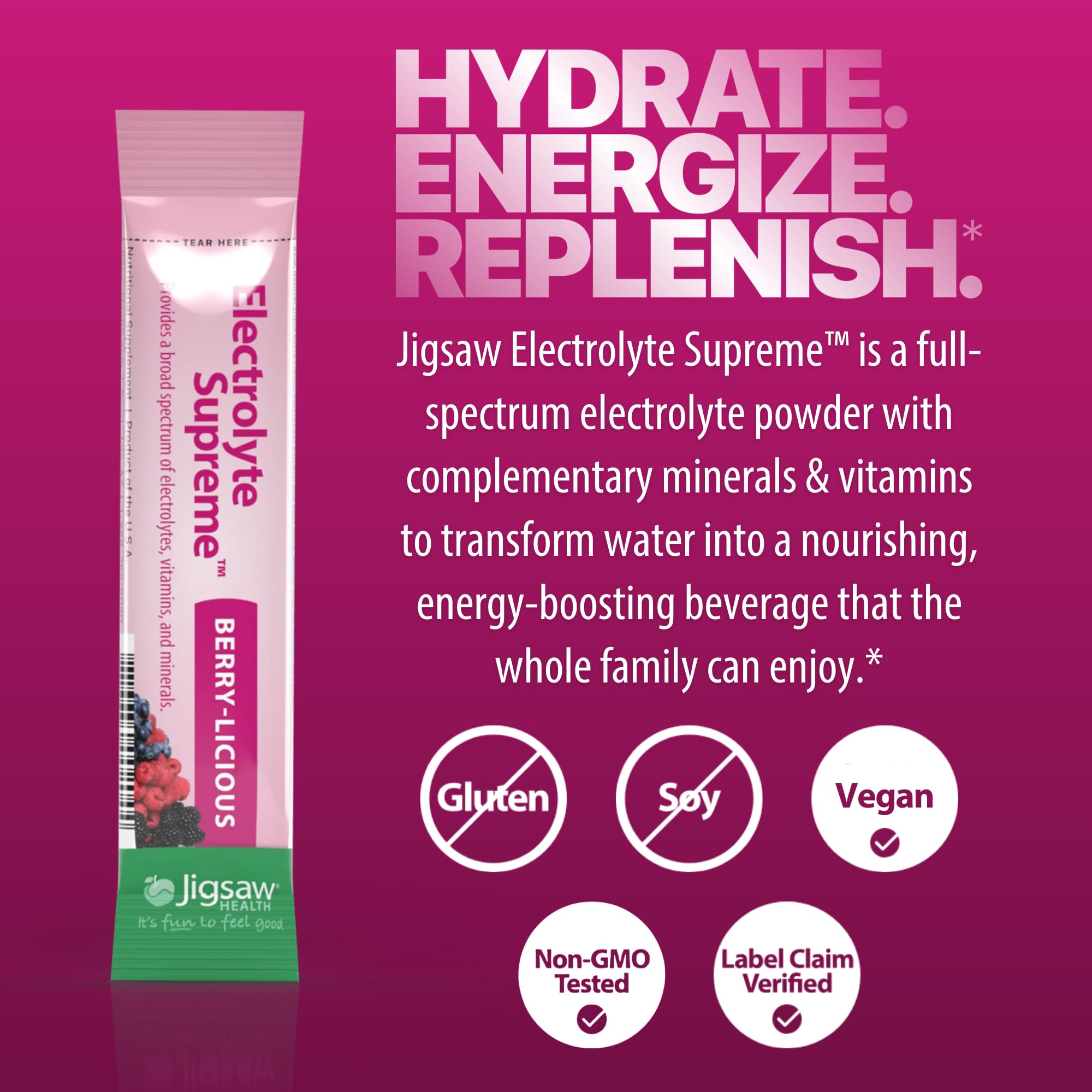 Electrolito Supremo de Jigsaw Health, sabor a bayas, primer plano de etiqueta para confianza.