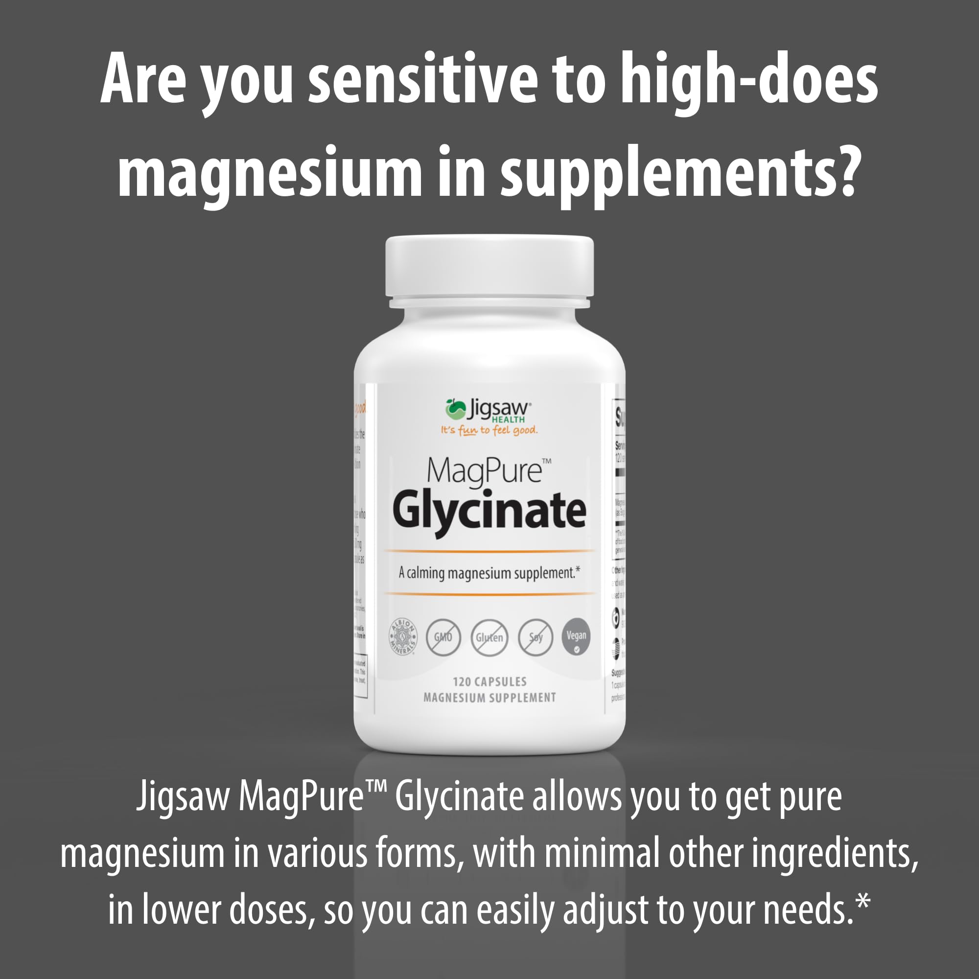 Jigsaw Health MagPure Glycinate: L-Leucina como antiaglomerante natural, disolución uniforme.