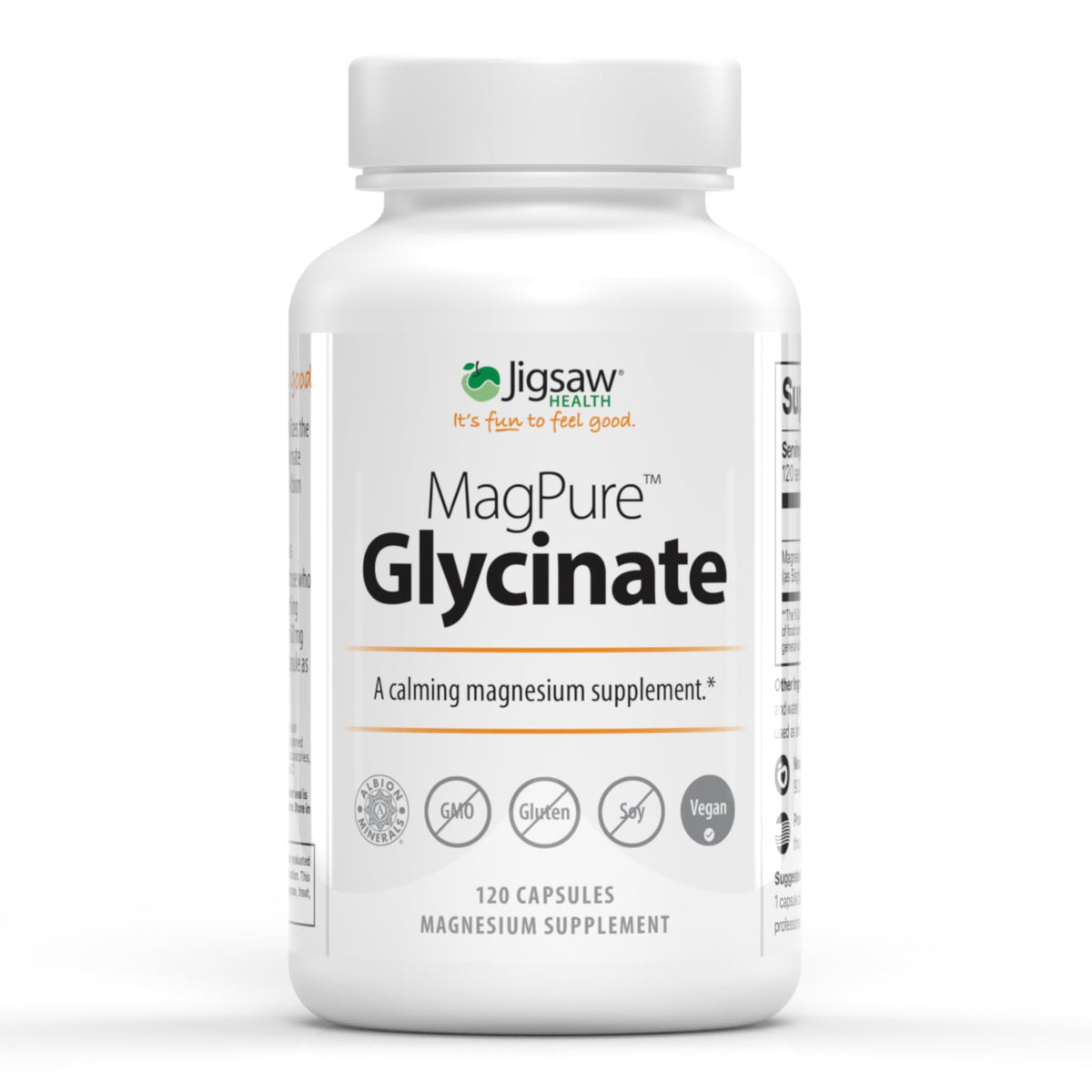 Jigsaw Health MagPure Glycinate: cápsulas fáciles para apoyo diario de magnesio.