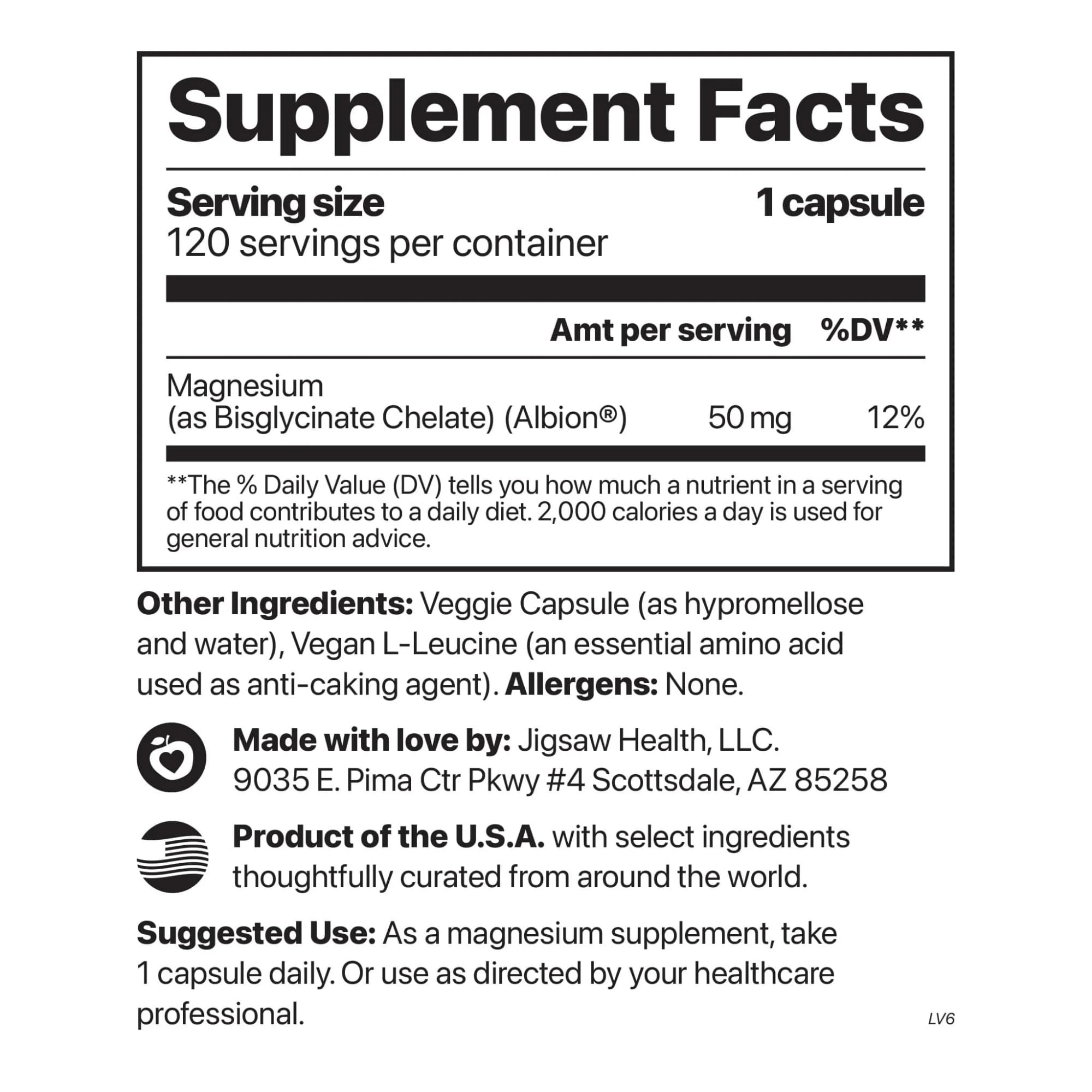 MagPure Glycinate: etiqueta indica 50 mg de magnesio elemental por cápsula.