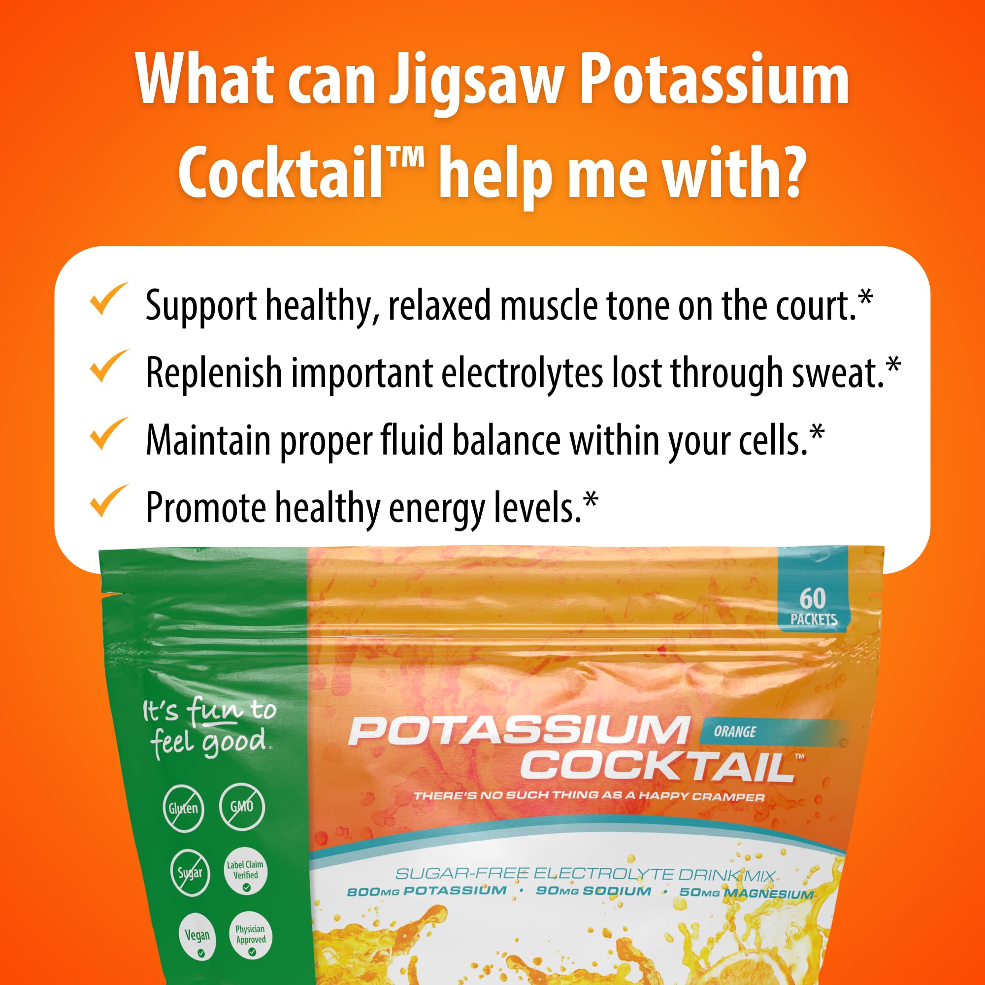 Jigsaw Health Potassium Cocktail etiqueta, uso recomendado y beneficios de potasio para músculos.