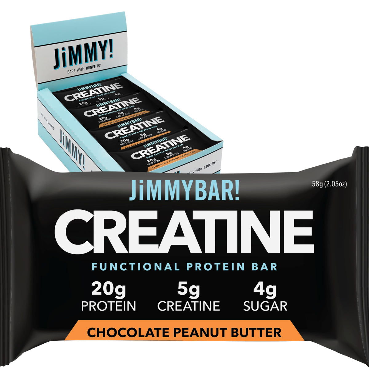 JiMMYBAR! barra de creatina y proteína con chocolate y mantequilla de cacahuete para entrenar.