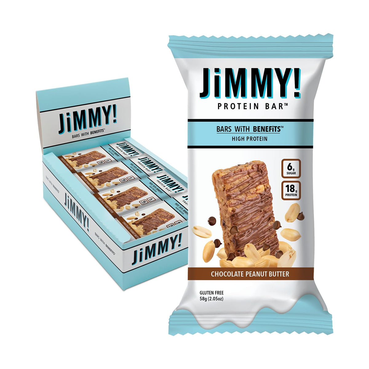 JiMMYBAR barra de proteína con cacahuete real y chocolate, snack potente para el día.