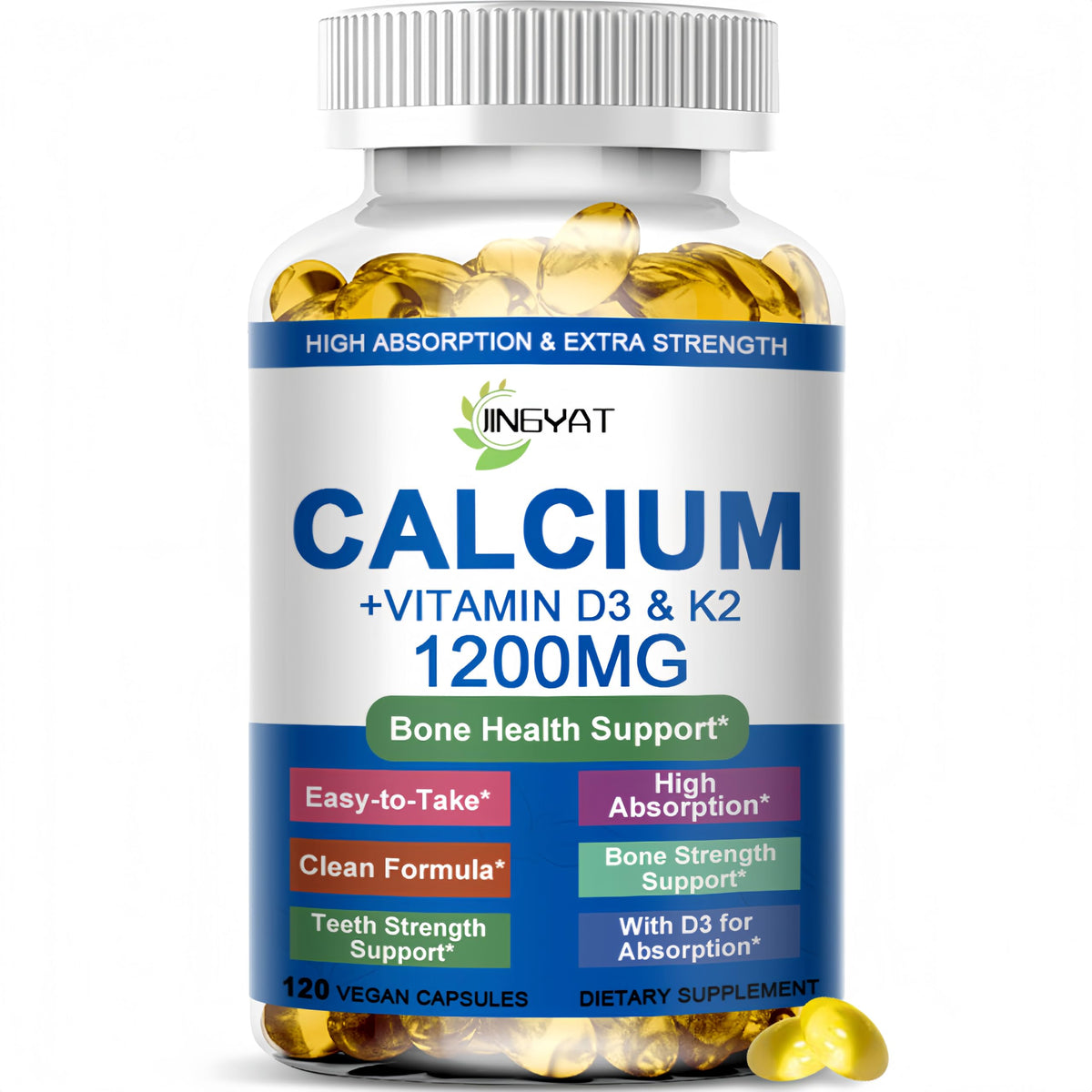JINGYAT calcio 1200mg, cápsulas: apoyo a huesos fuertes, D3 y K2