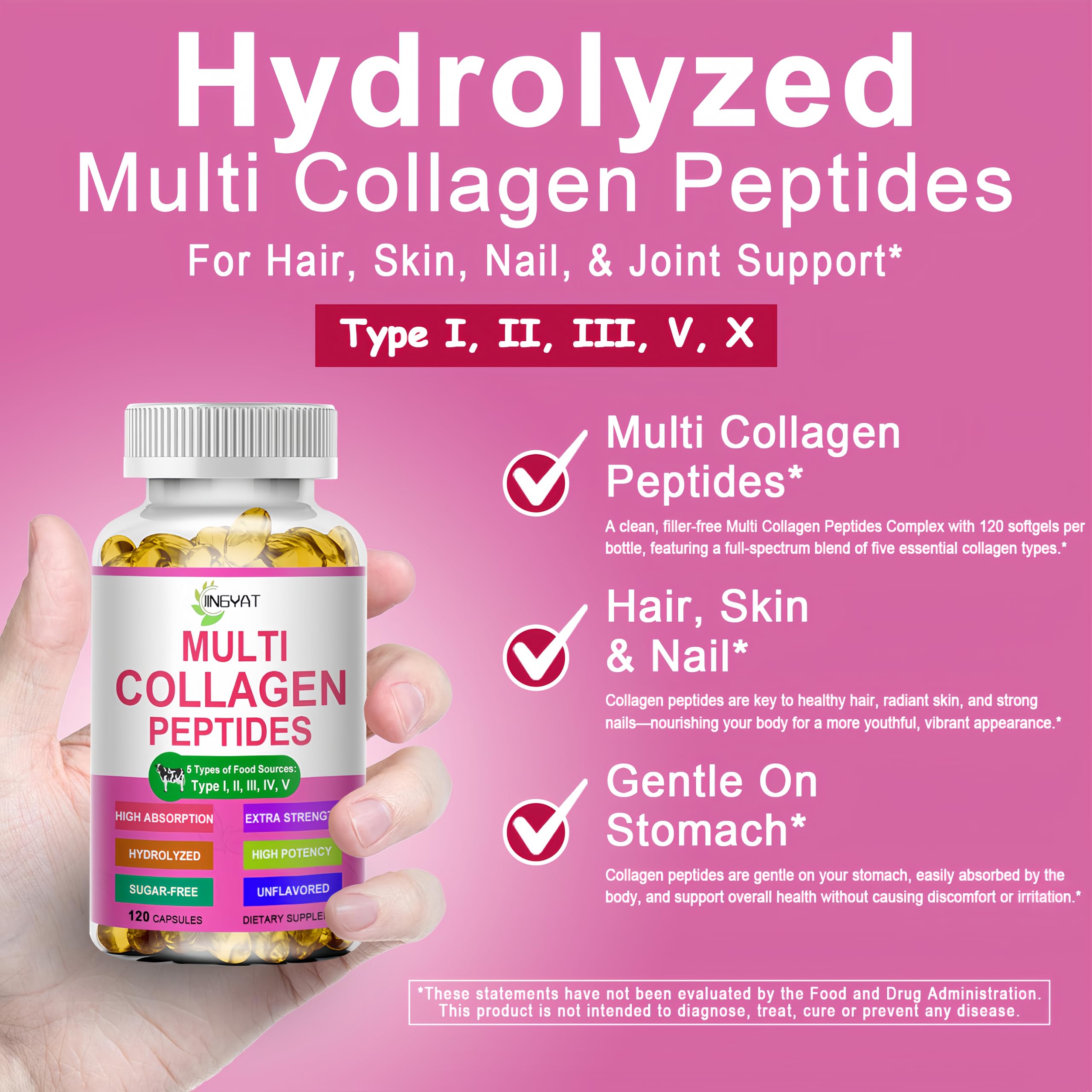 JINGYAT cápsulas de colágeno hidrolizado con absorción rápida para articulaciones.