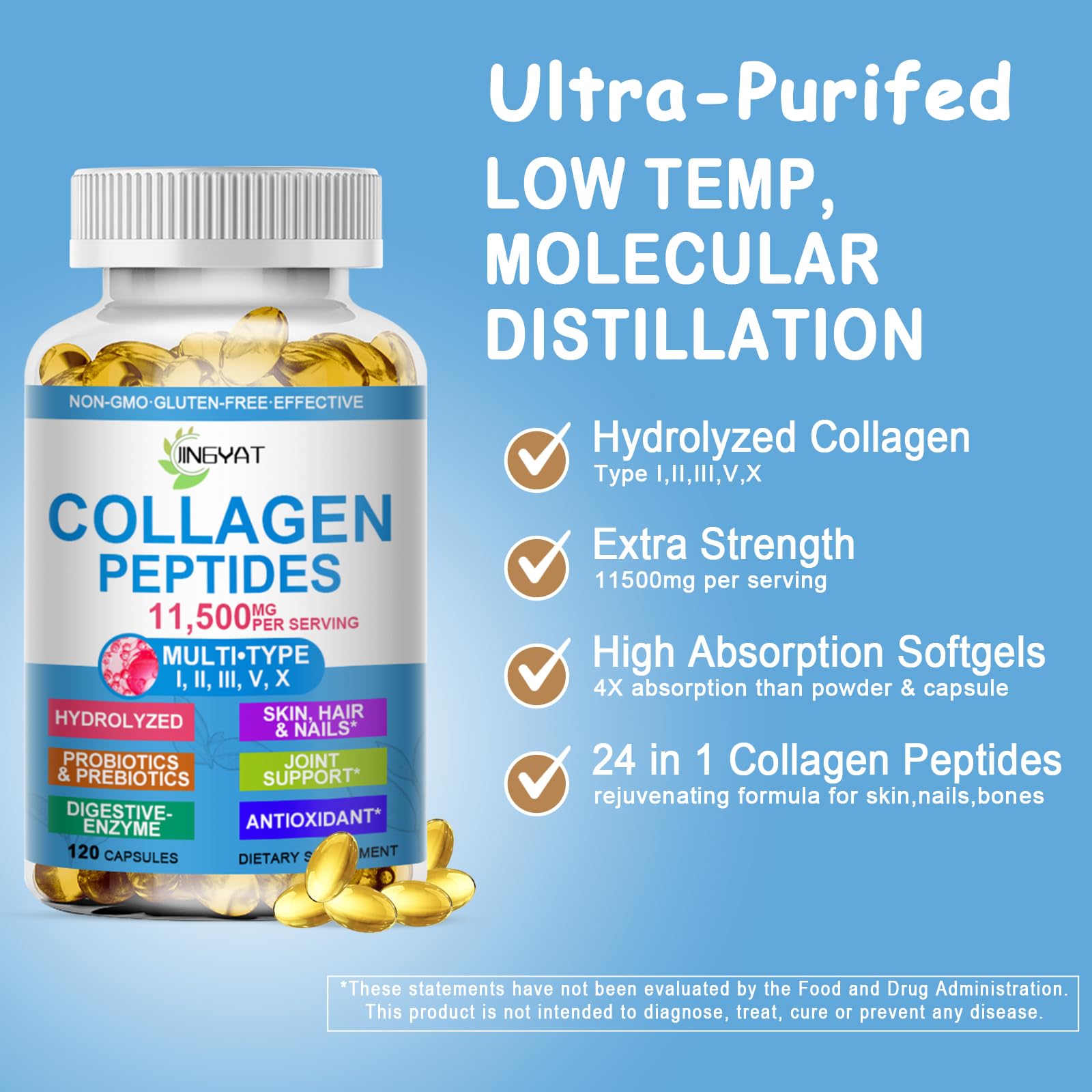 JINGYAT Cápsulas Colágeno Multi botella cerrada, fácil absorción