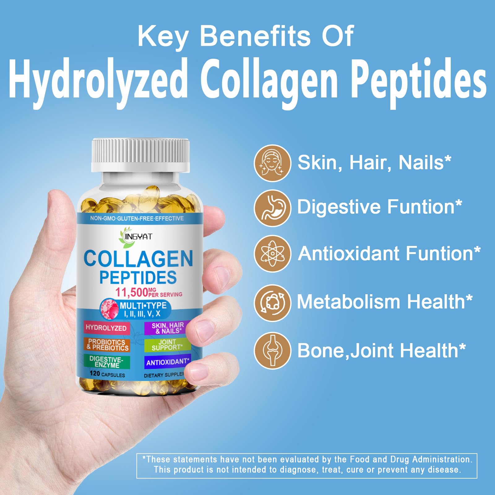 JINGYAT Cápsulas Colágeno Multi etiqueta cercana, antioxidantes para la piel