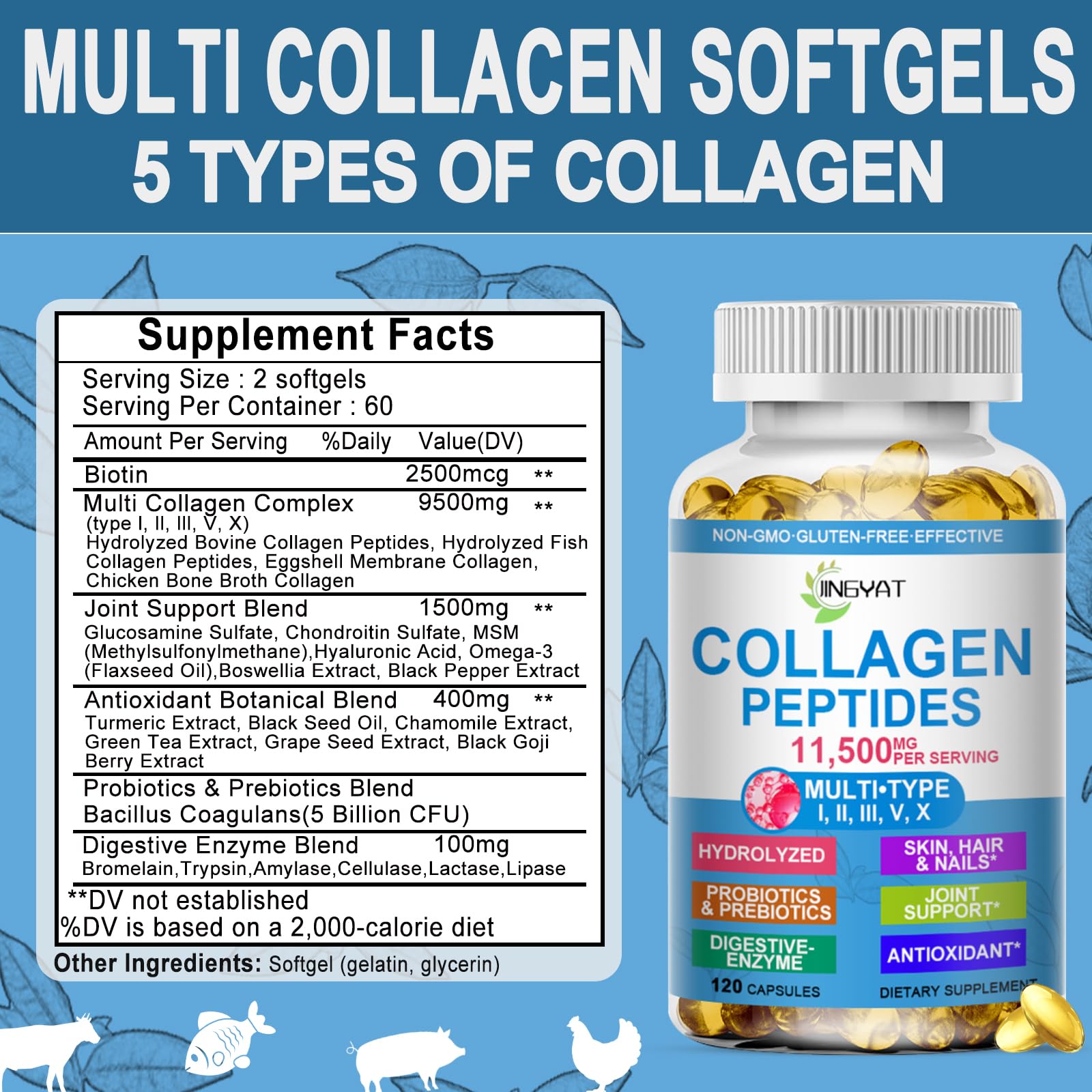 JINGYAT Cápsulas Colágeno Multi textura suave, fácil de tragar