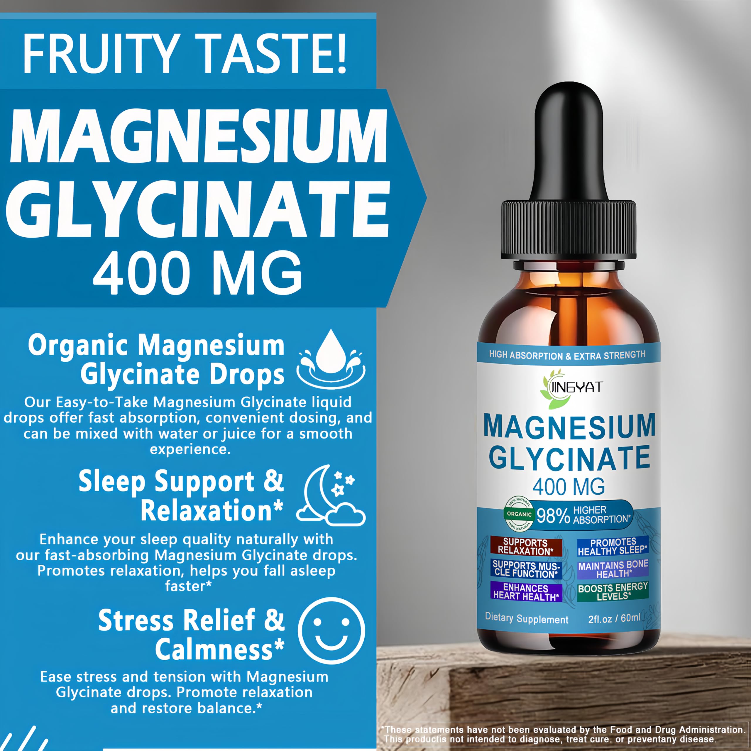 Etiqueta limpia de JINGYAT magnesio glicinato, confianza y pureza.