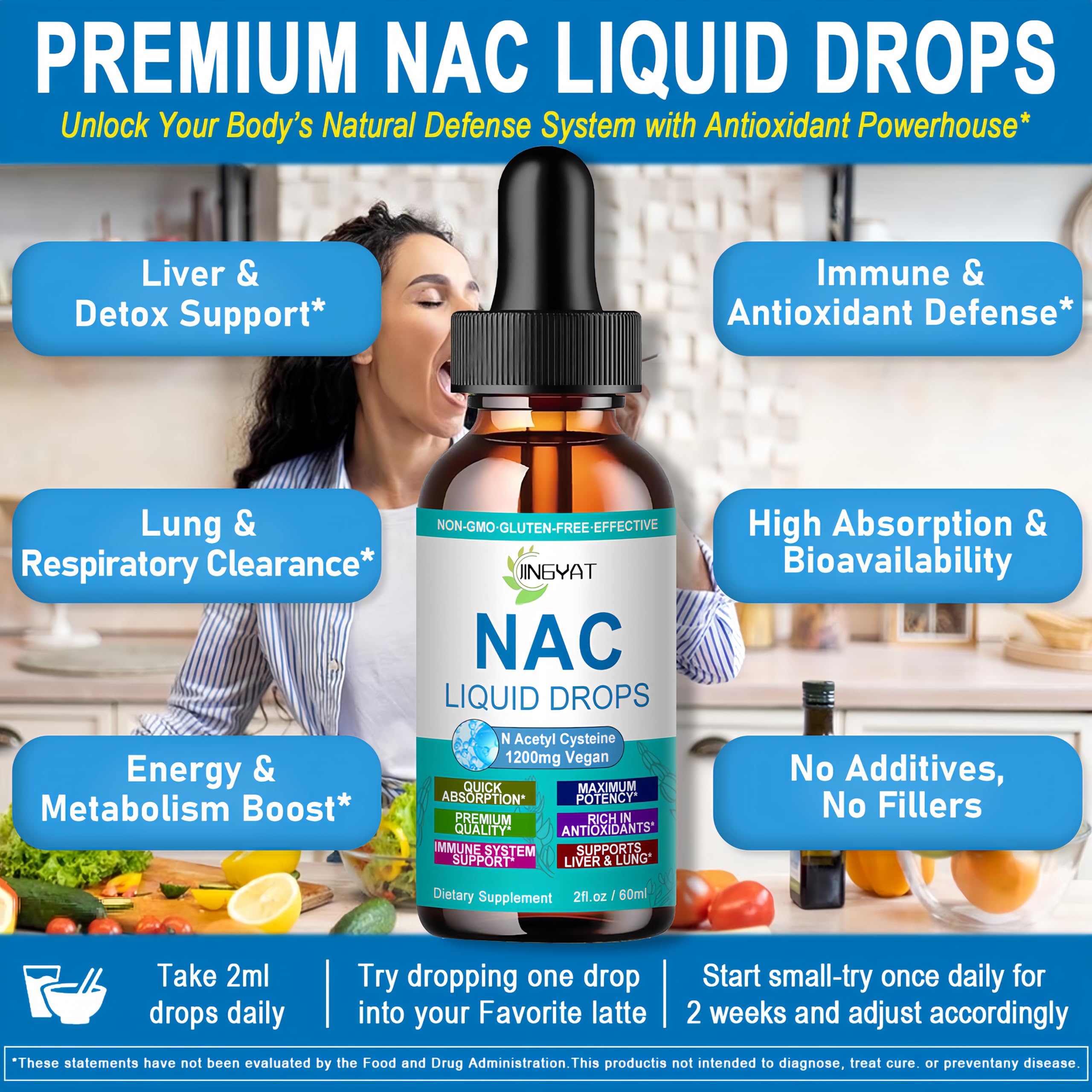 JINGYAT NAC 1200 mg, gotas frambuesa, sabor suave sin regusto