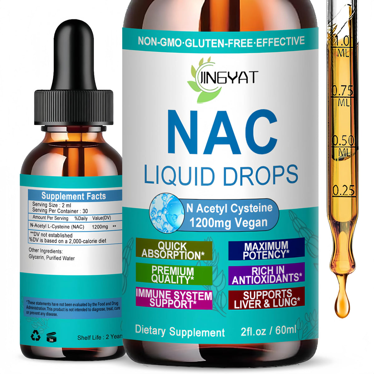 JINGYAT NAC 1200 mg, gotas frambuesa, absorción rápida para uso diario