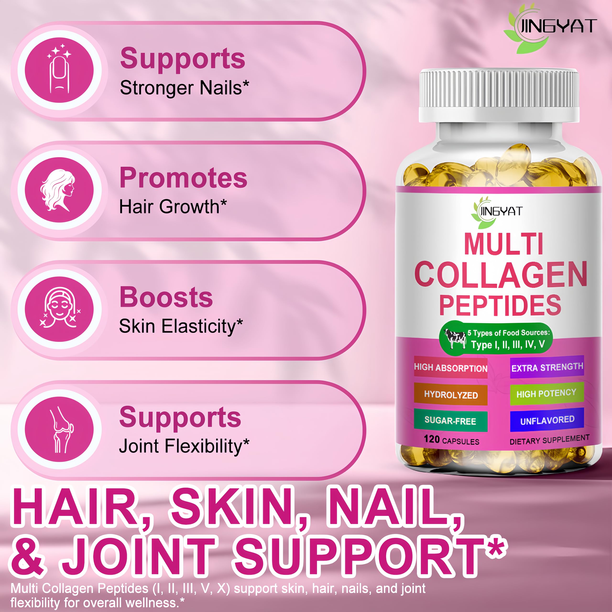 JINGYAT cápsulas con vitamina C y ácido hialurónico para piel y cabello.