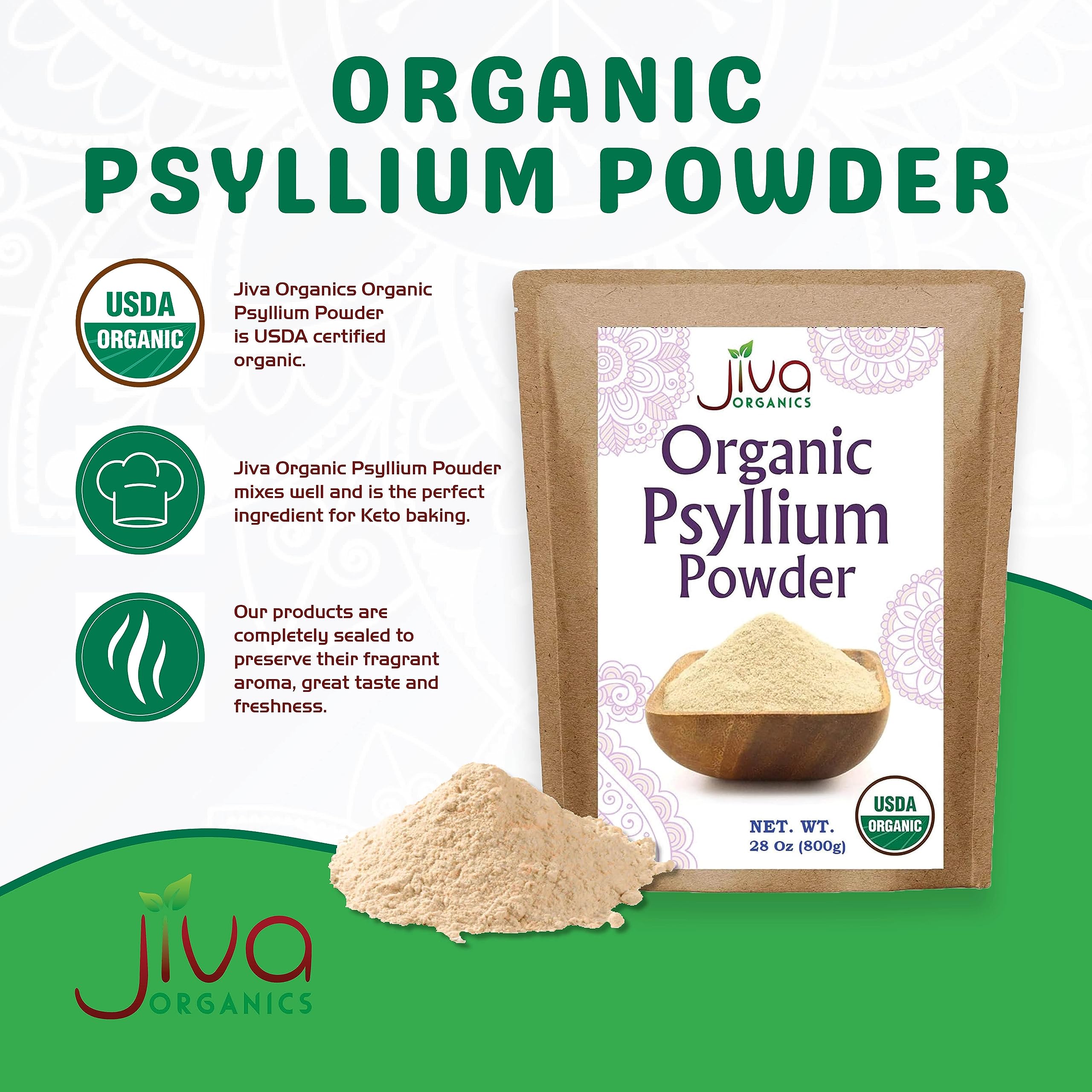 Jiva Organics polvo de psilio, para mezclar fácilmente en bebidas.