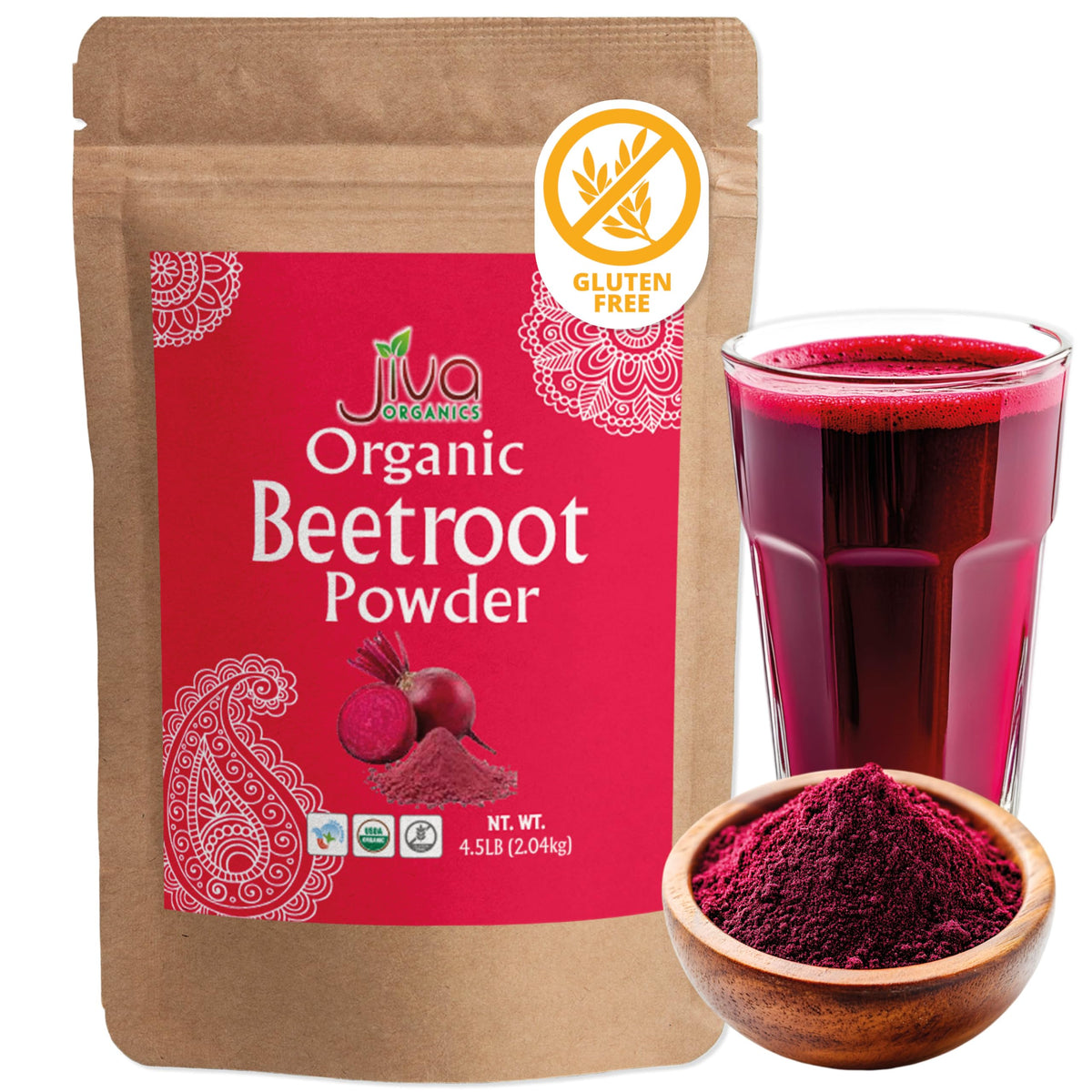 Jiva Organics polvo remolacha orgánico en empaque grande, ideal para batidos