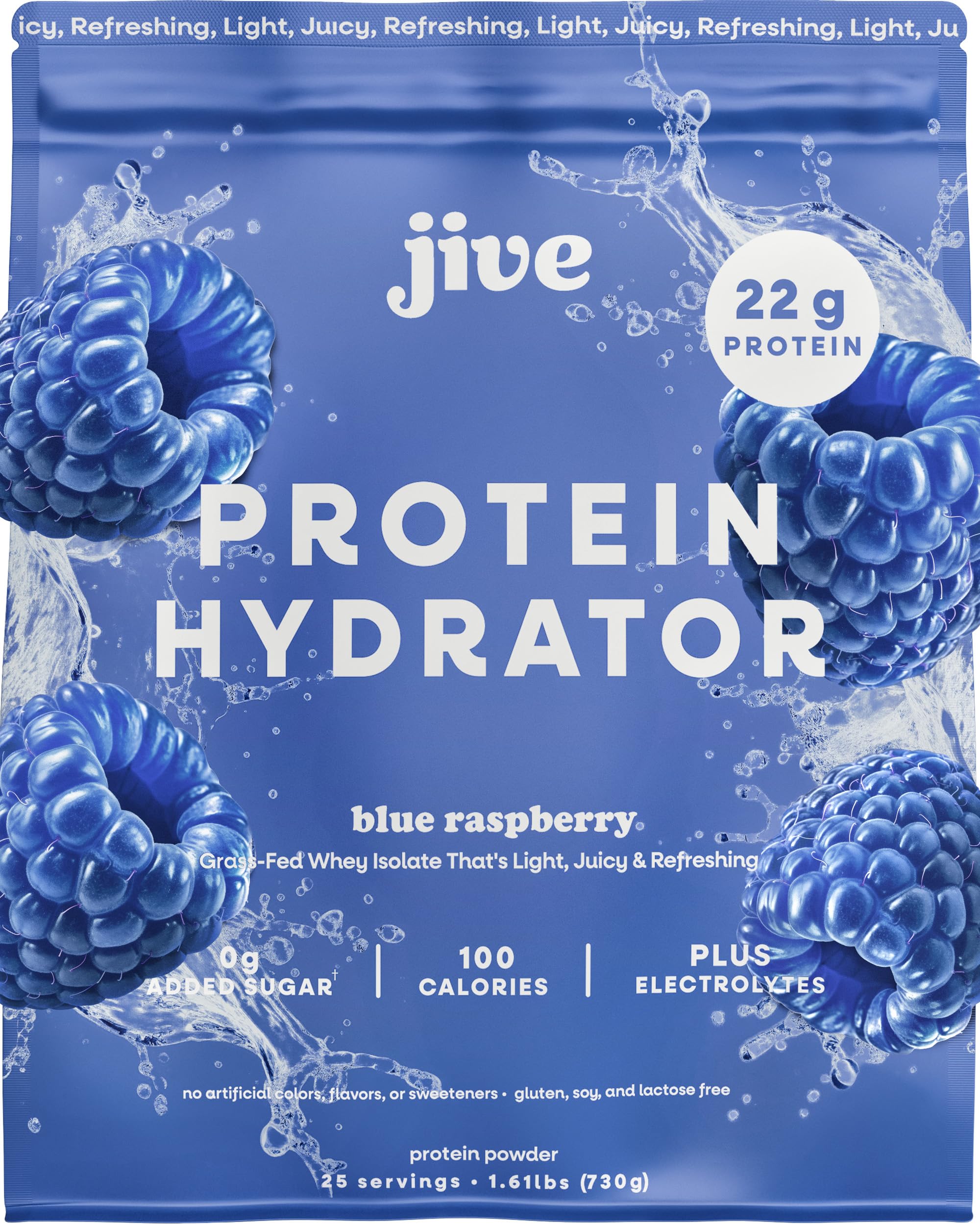 Jive proteína clara en botella con sabor arándano azul para recuperación.