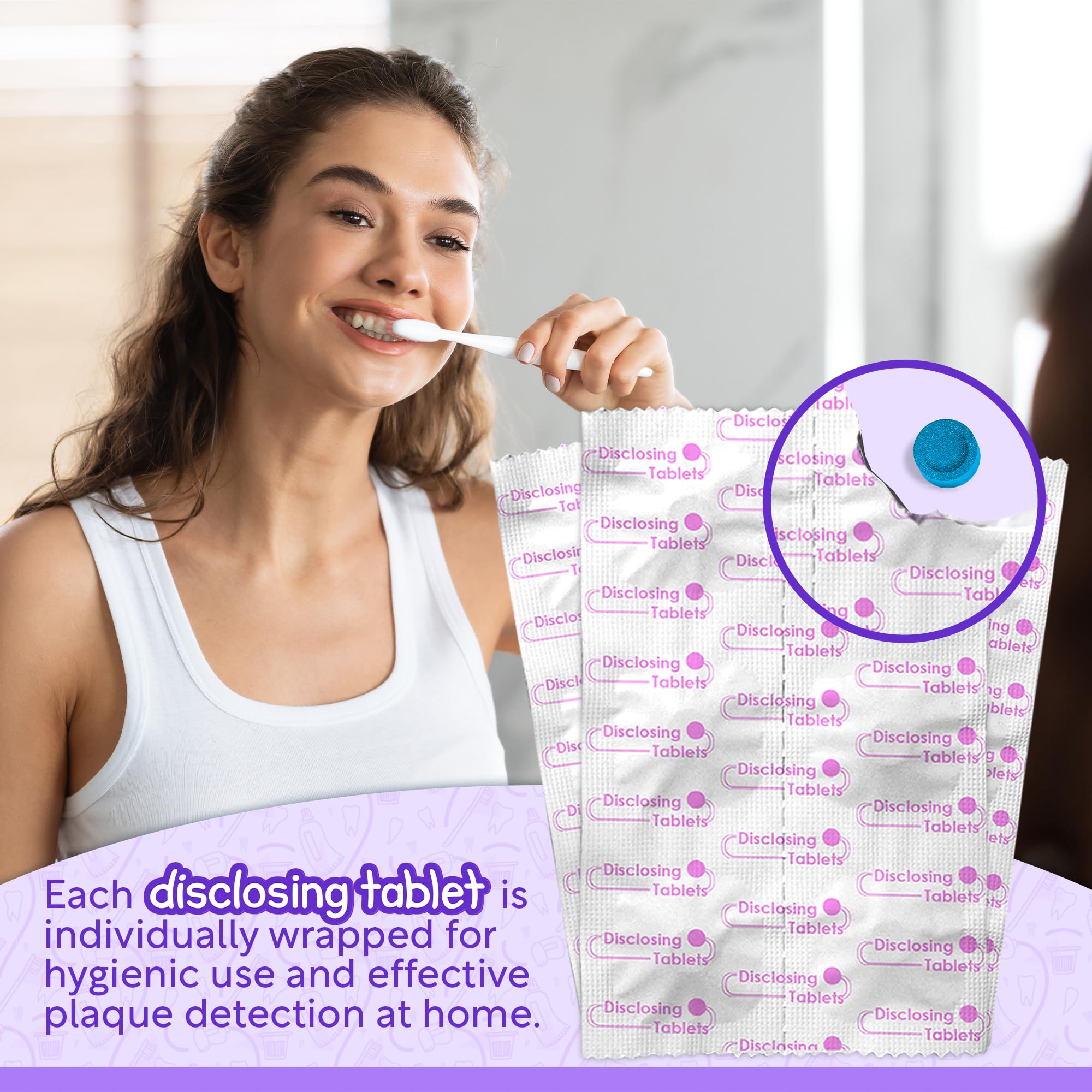 JJ CARE tabletas reveladoras para higiene dental familiar en rutina diaria.