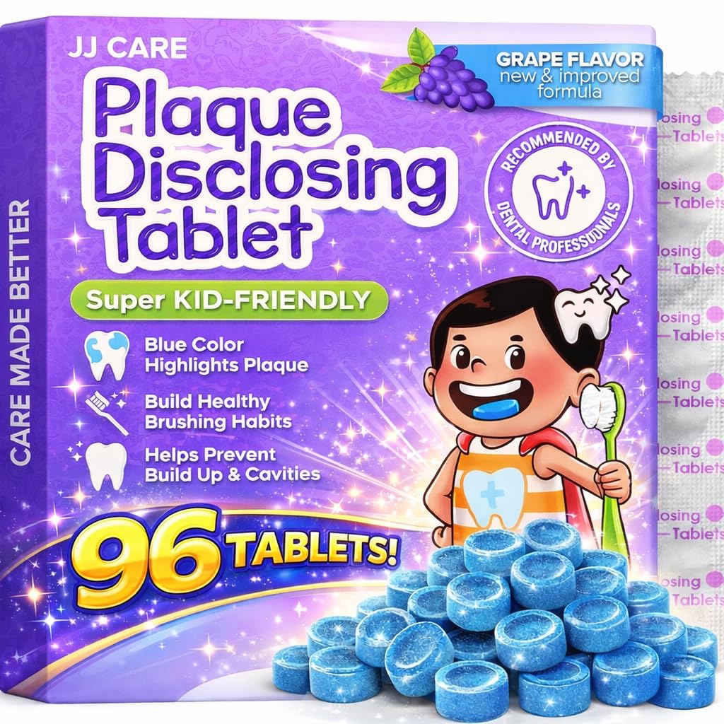 JJ CARE tabletas reveladoras para niños, paquete de 96 para revisar cepillado.