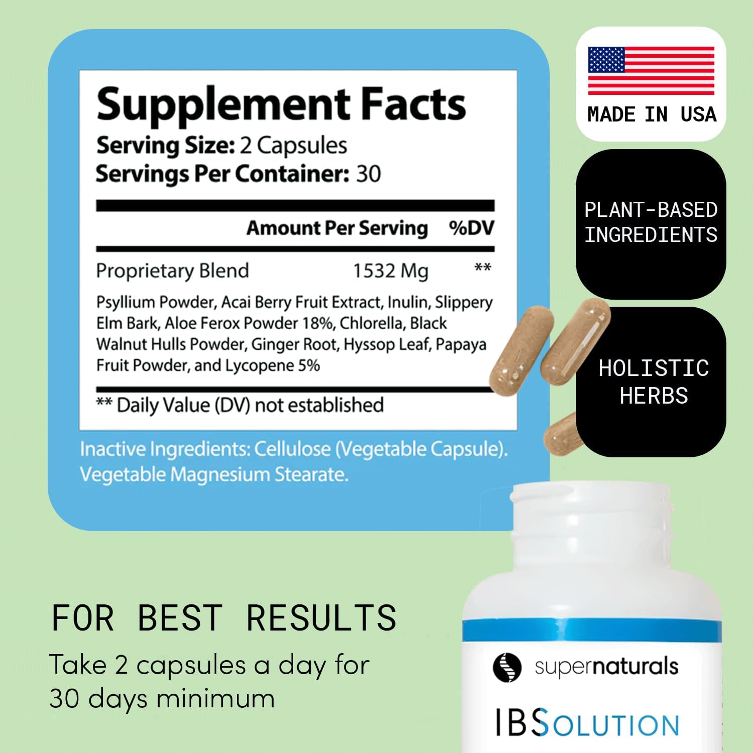 Empaque frontal de IBSolution destacando ingredientes naturales.