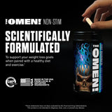 Envase de The Omen! con listado de beneficios y seguridad.