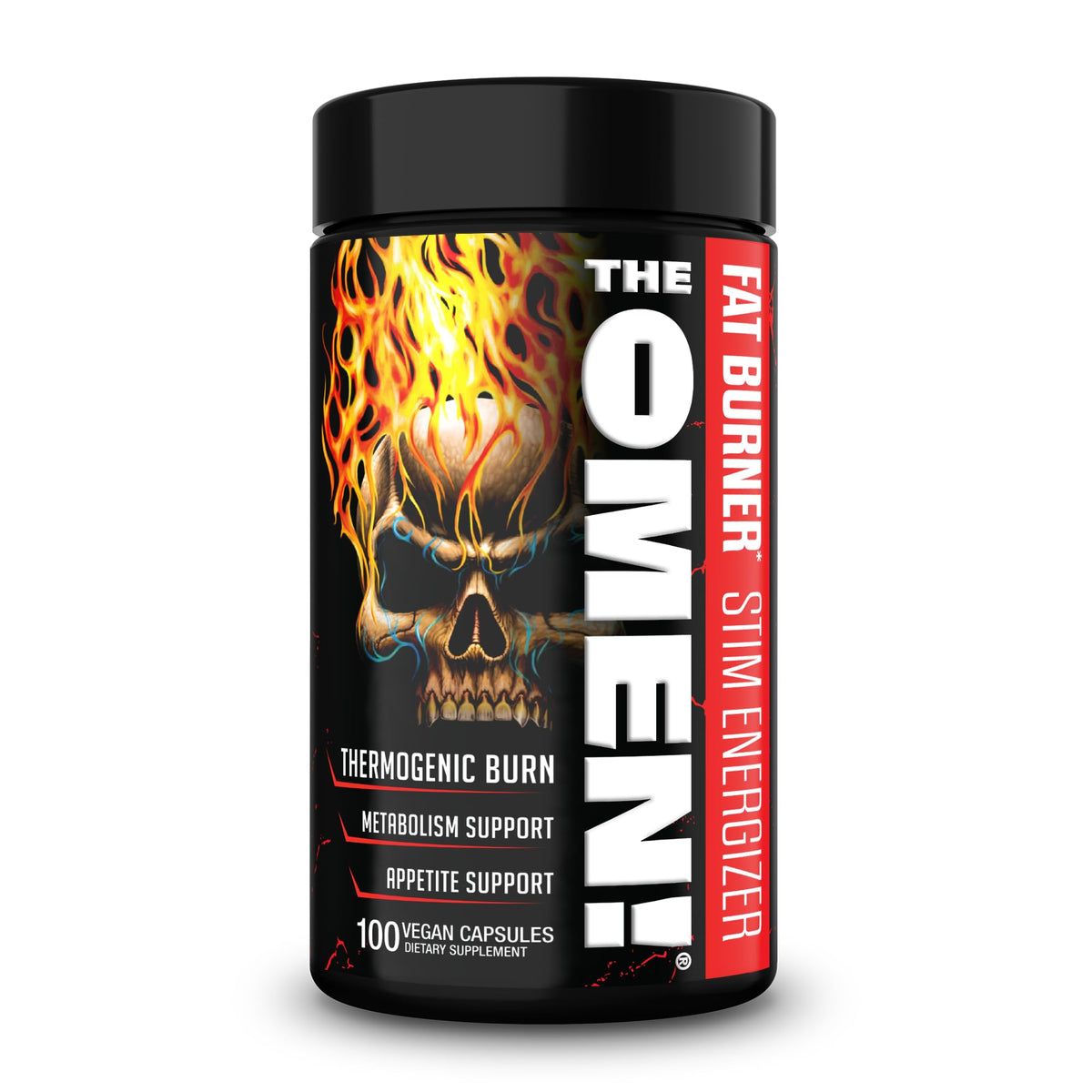 The Omen! de JNX Sports, lata de 100 cápsulas para metabolismo y energía.
