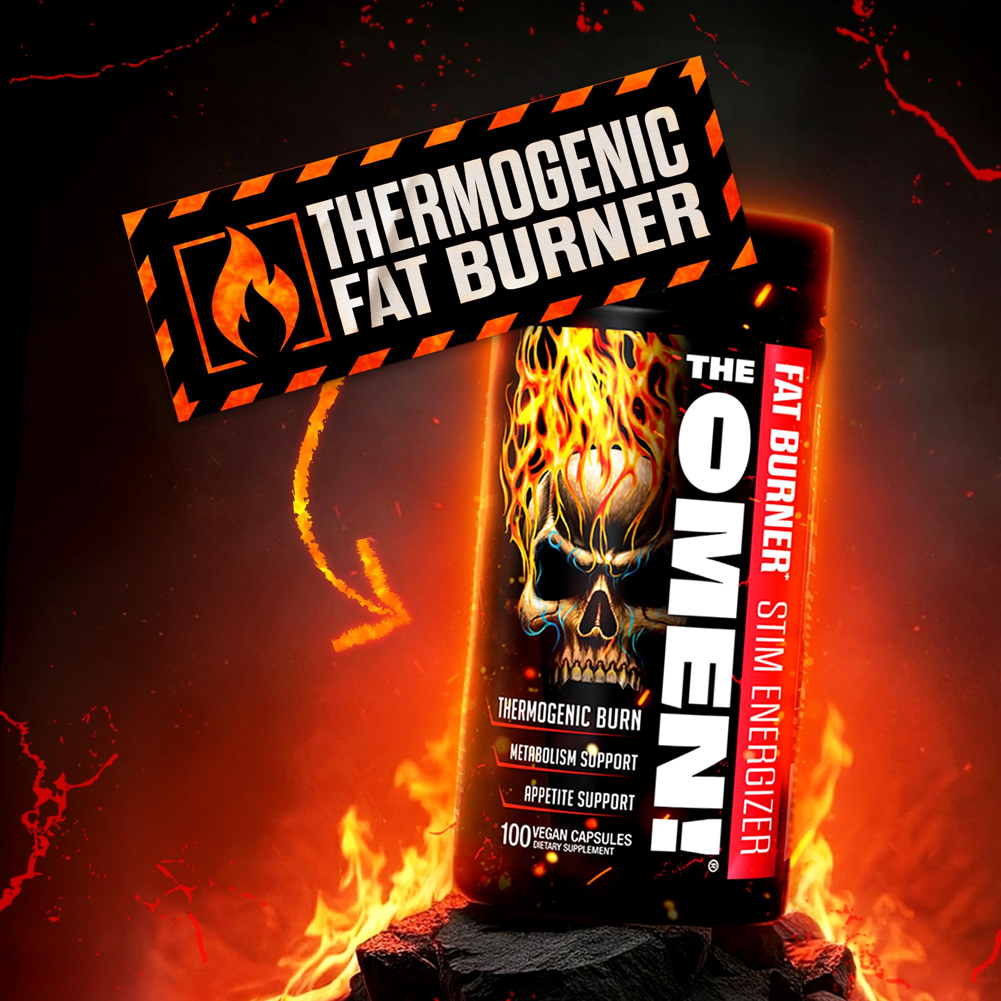 The Omen! muestra la mezcla termogénica con cafeína para energía sostenida.
