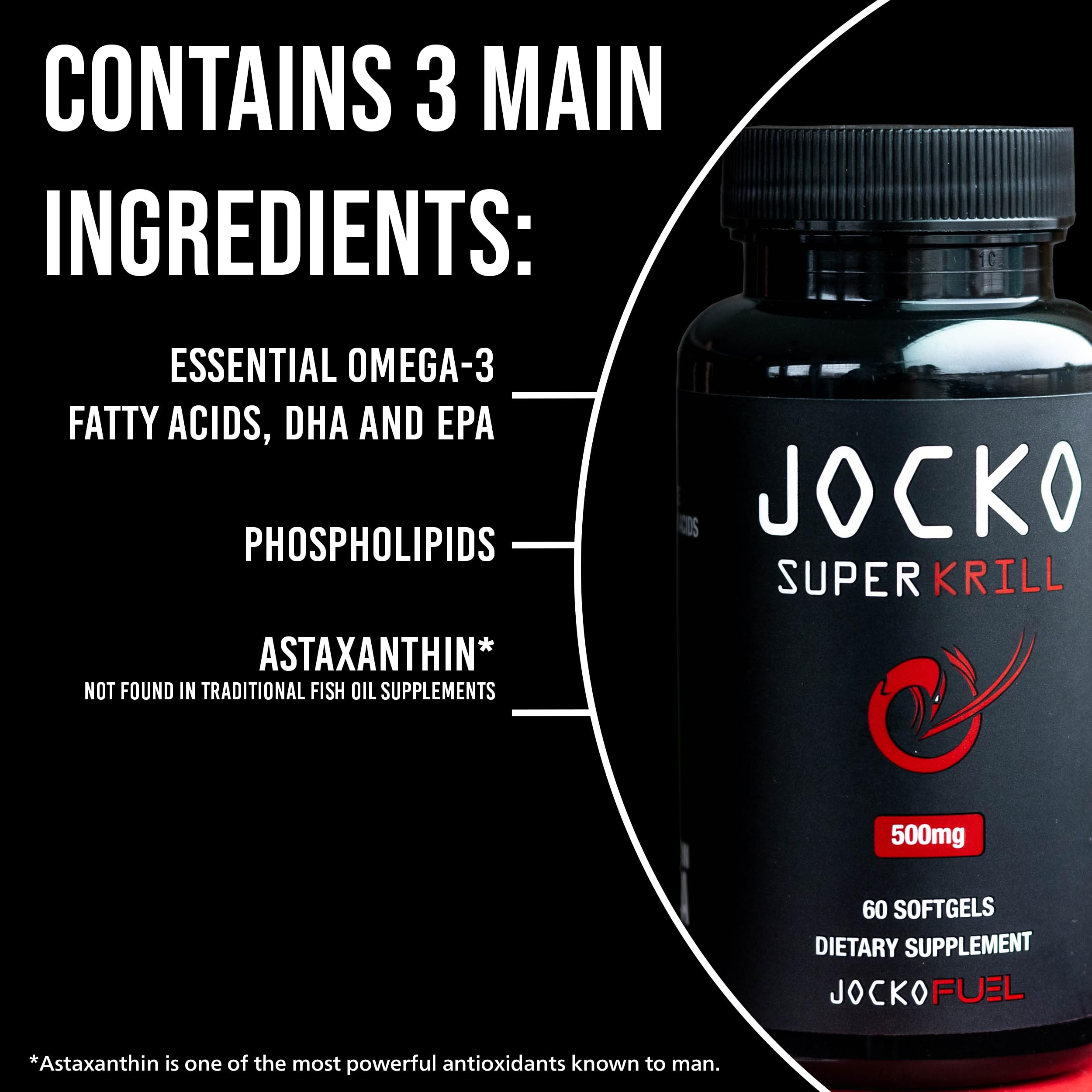 Etiqueta de Jocko Fuel Antarctic Krill Oil con DHA y EPA.