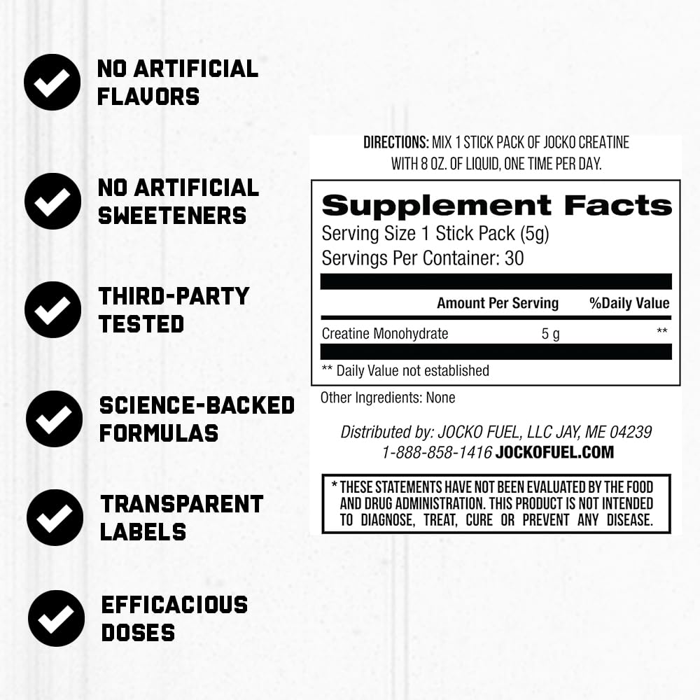 Jocko Fuel Creatine Stick Packs, paquetes de viaje para dosis diaria rápida.