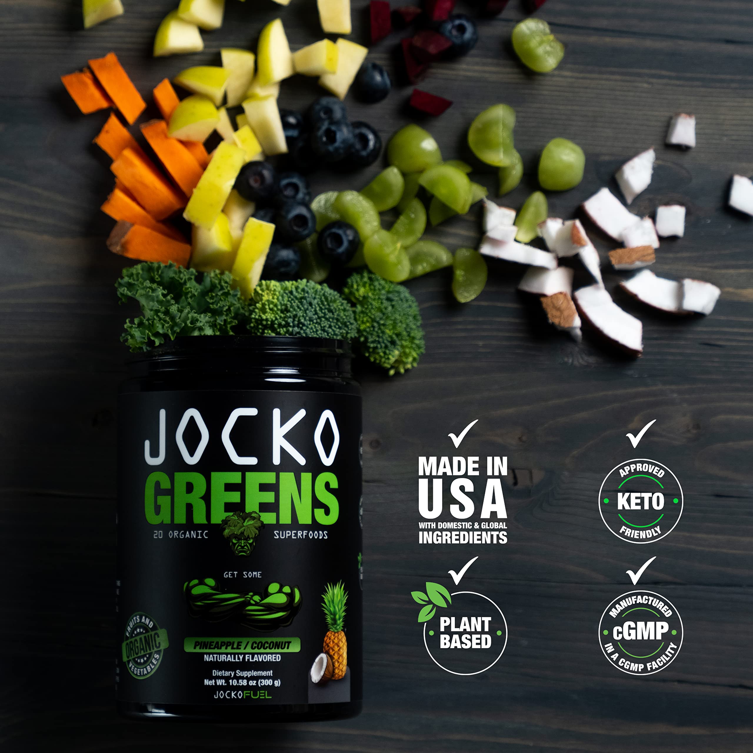 Jocko Fuel Daily Greens Powder spoon-measure emphasizing 30 servings per tub
