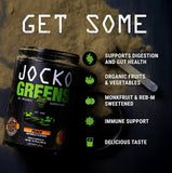 Jocko Fuel Daily Greens con probióticos, soporte digestivo en cada porción.