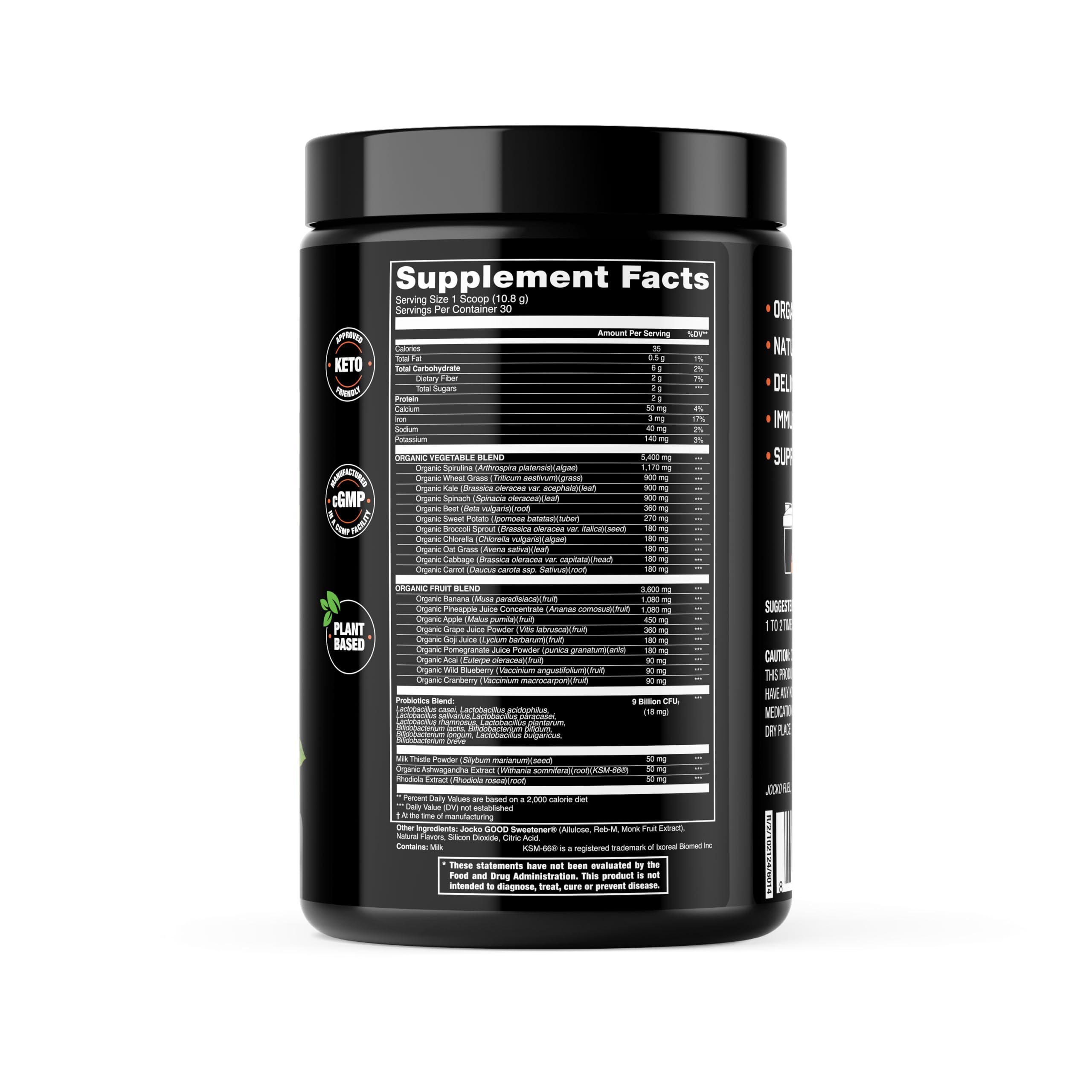 Jocko Fuel Daily Greens sabor pesca, vaso listo para una bebida refrescante.