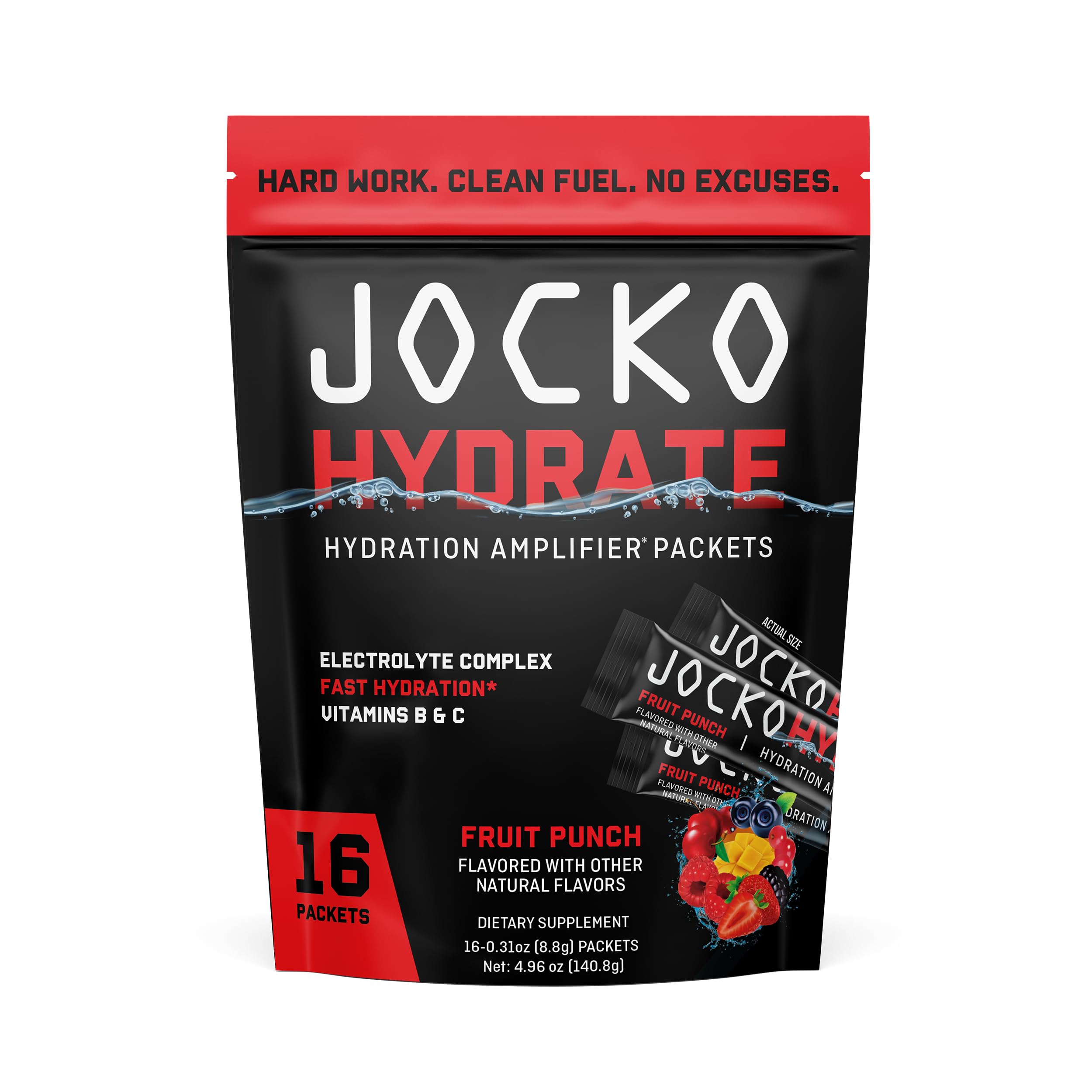 Jocko Fuel Hydrate: paquetes Fruta Punch para hidratación rápida.