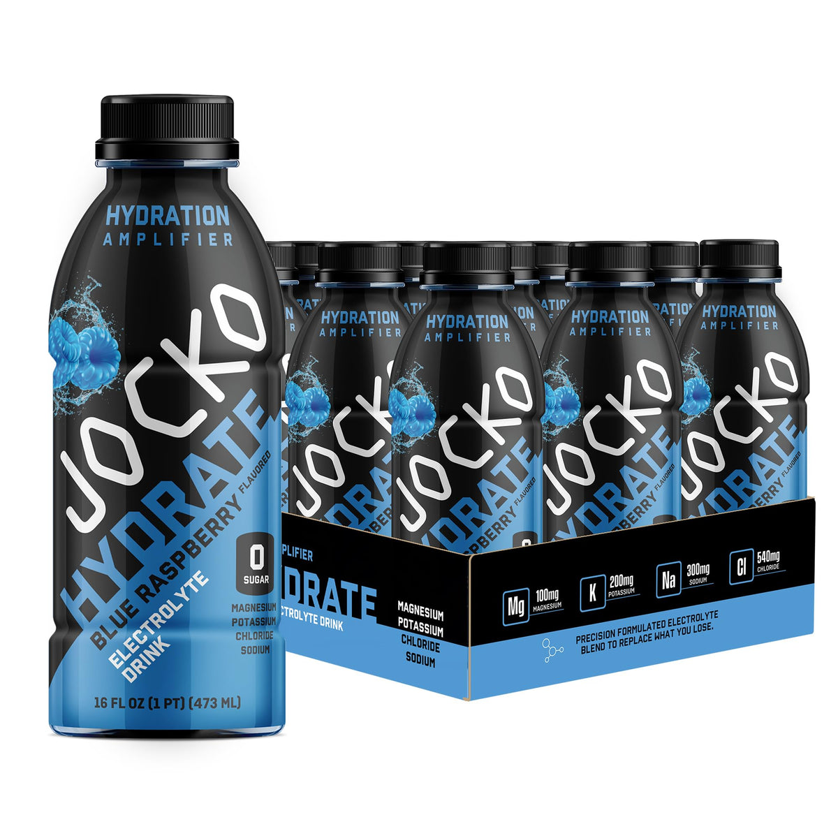 Jocko Fuel Hydrate, botella azul vertiéndose para una rápida rehidratación.