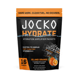 Jocko Fuel Hydrate, paquetes Island Orange, ideal para hidratación durante entrenamientos.