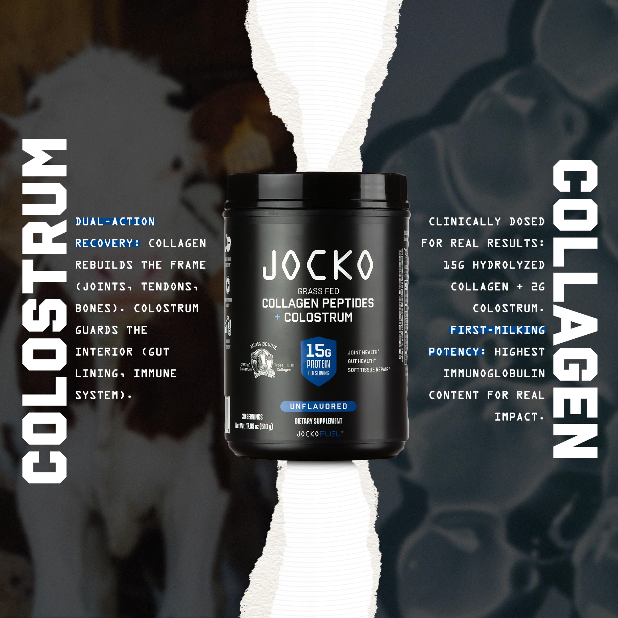 Jocko Fuel ingredientes clave: colágeno y colostro, detalles en el etiqueta.