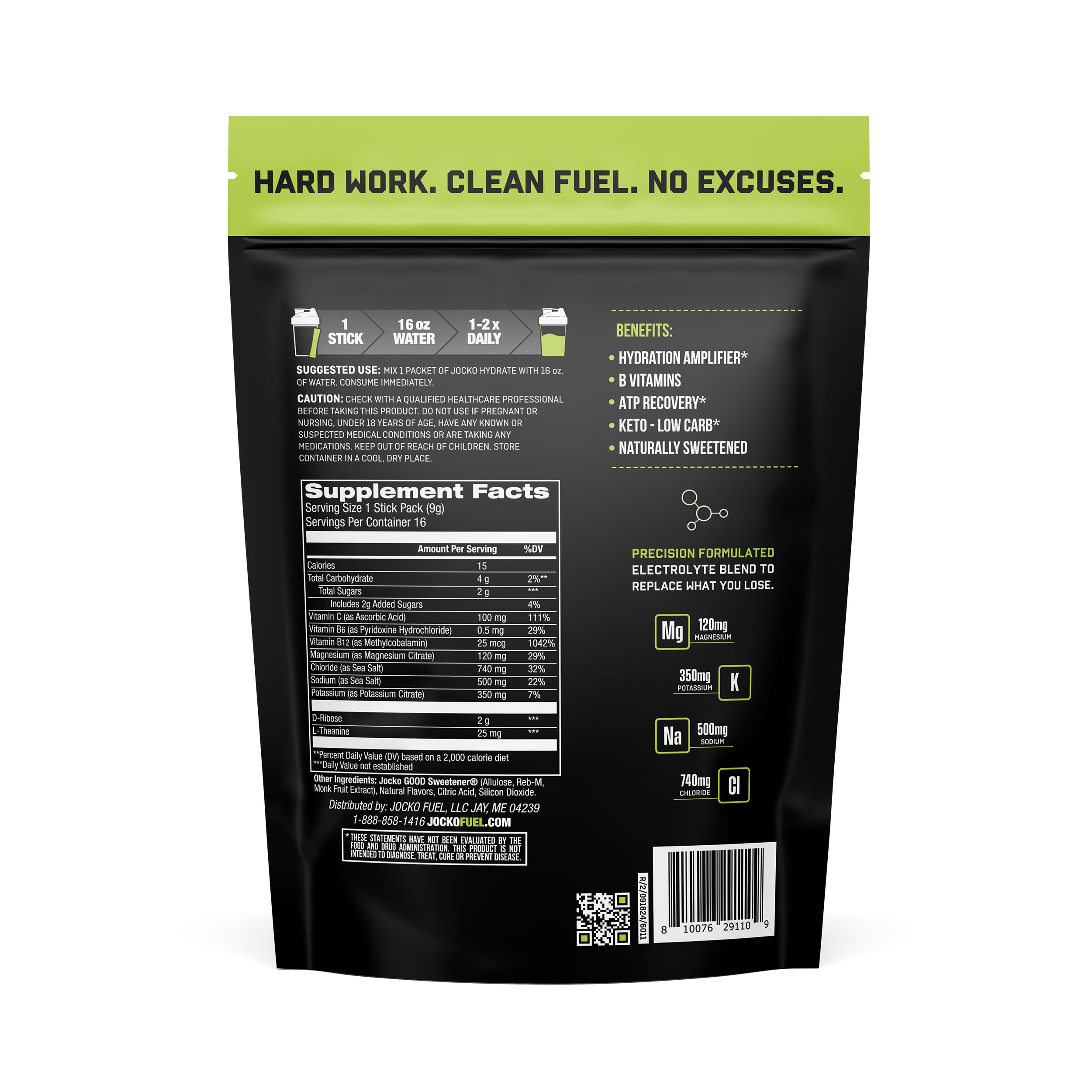 Caja de 16 sobres de Jocko Fuel Packets Low Sugar, práctico para sesiones prolongadas.