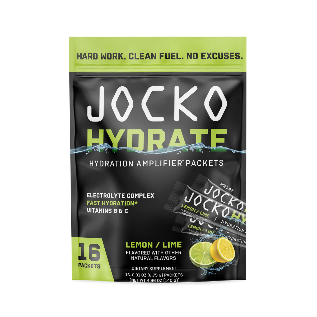 Jocko Fuel Packets Low Sugar en empaque Limón Lima para hidratación rápida durante entrenamientos.