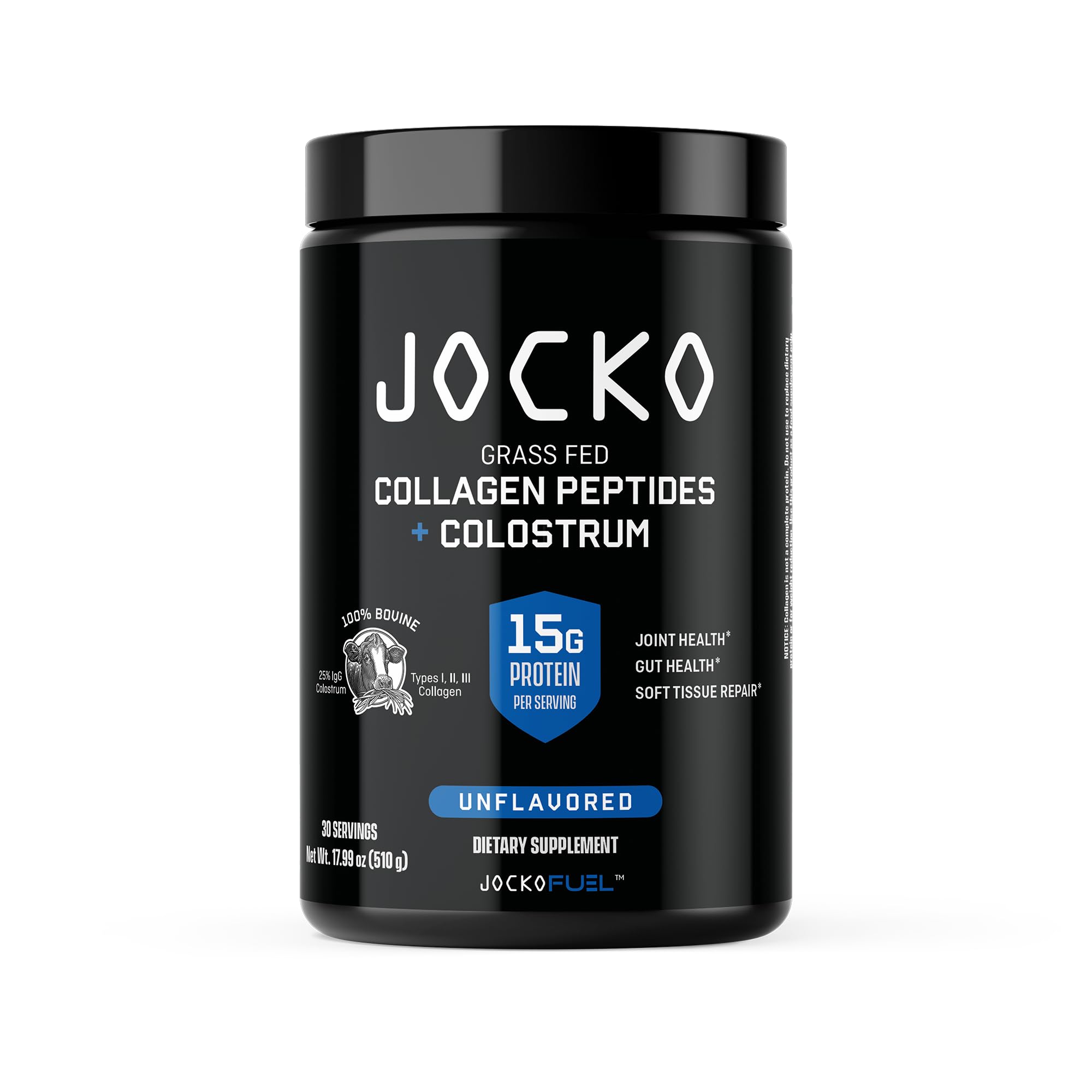 Jocko Fuel polv o colágeno con colostro en envase muestra soporte a articulaciones y tejido conectivo.