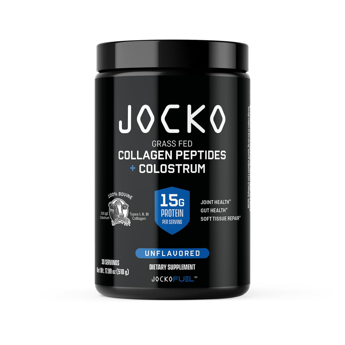 Jocko Fuel polv o colágeno con colostro en envase muestra soporte a articulaciones y tejido conectivo.